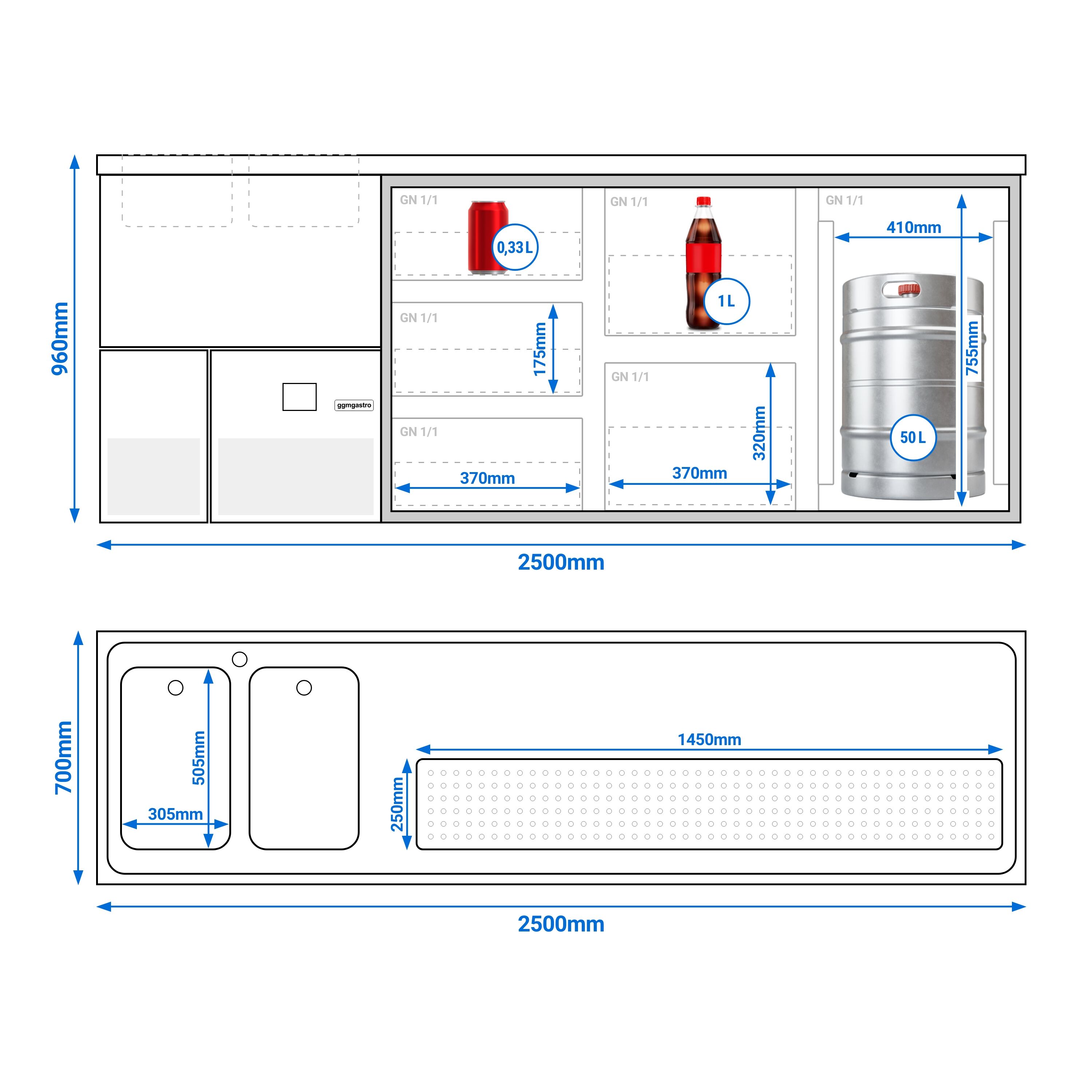 Comptoir de bar réfrigéré PREMIUM - 2500x700mm - 1 porte vitrée & 5 tiroirs en verre
