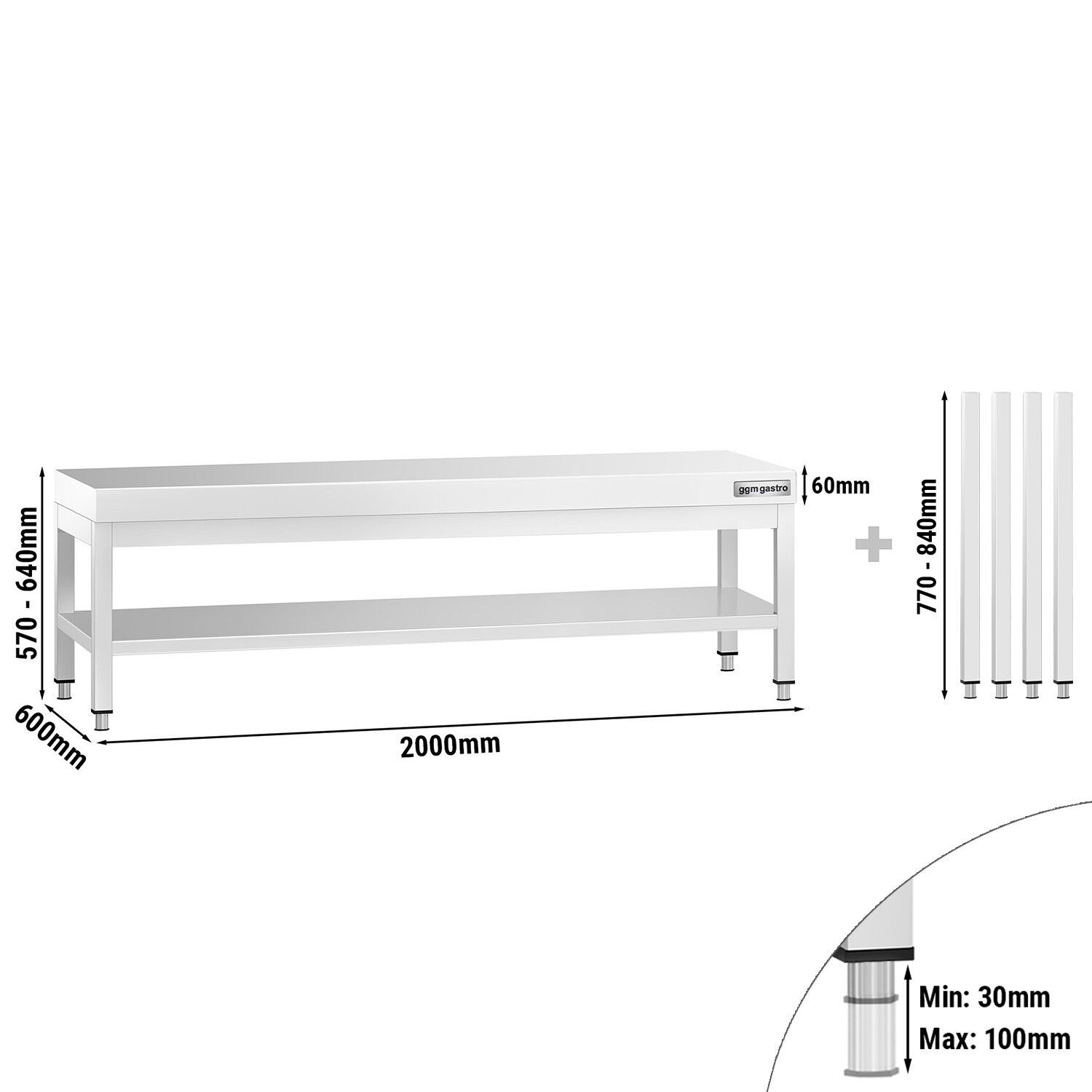 Table de travail en acier inoxydable PREMIUM - 2000x600mm - avec étagère basse