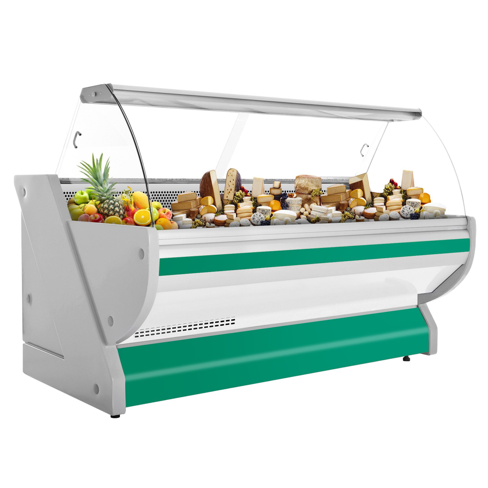 Serve Over Counter - 2515x1150mm - green front - meat lighting - illuminated front panel - granite worktop