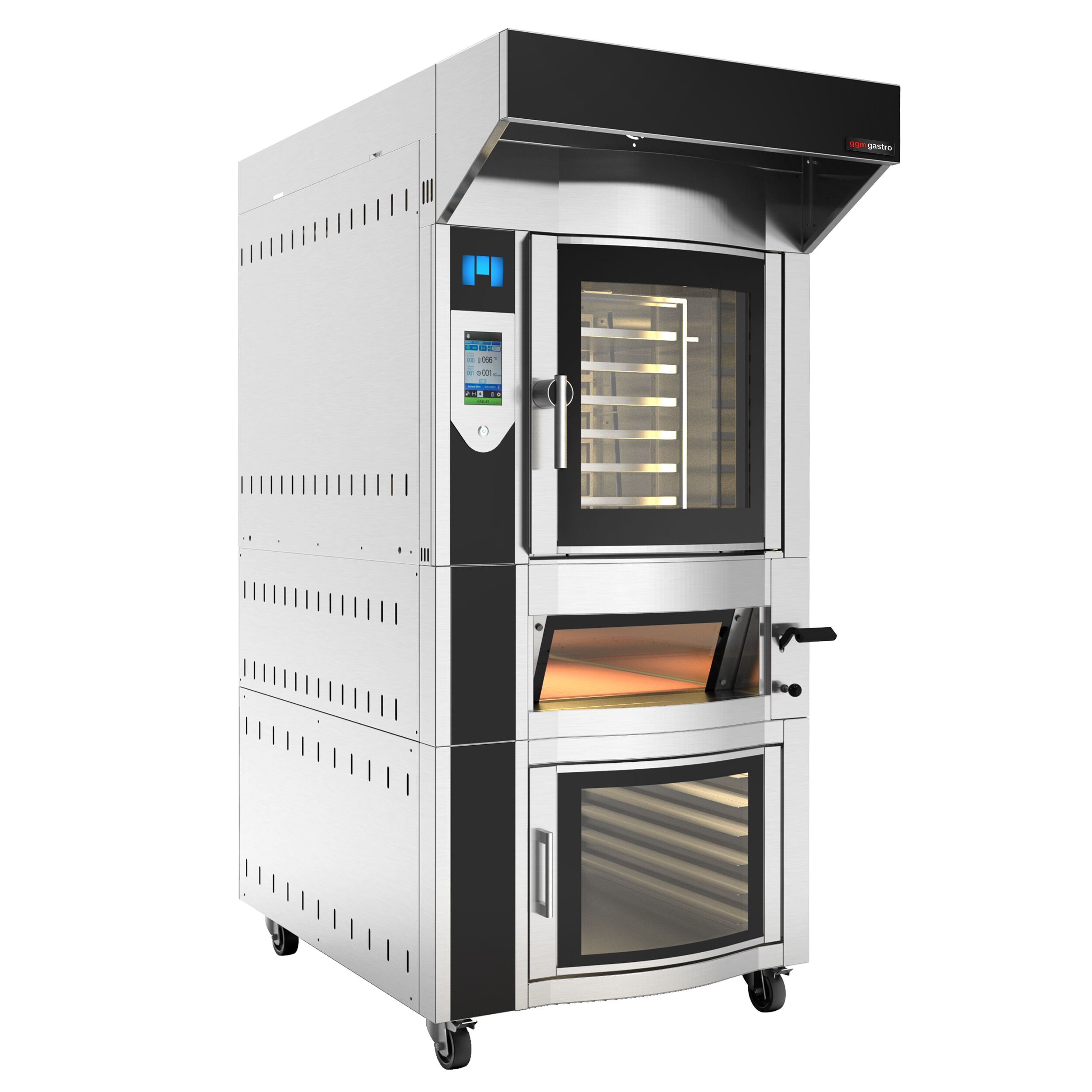 Four à chariot rotatif Électrique Four à convection avec injection d’eau - Écran tactile - 1 chambres de cuisson - 6 niveaux 600x400mm - Acier inoxydable - avec roulettes - inclus four à pizza, hotte et armoire de fermentation