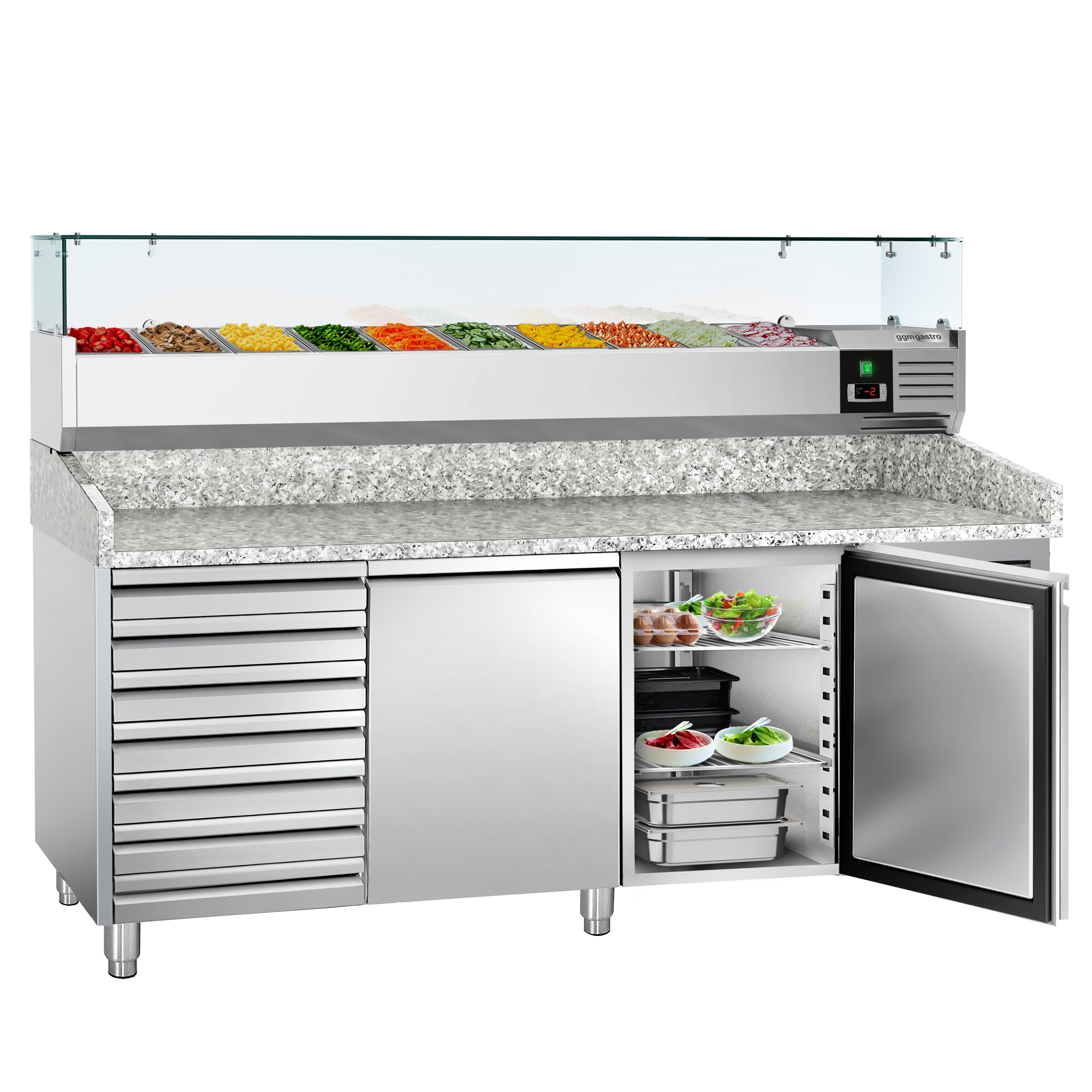 Table réfrigérée à pizza ECO - 2000 x 800 mm - avec 2 portes et 7 tiroirs - incl. vitrine réfrigérée - 9 x GN 1/3