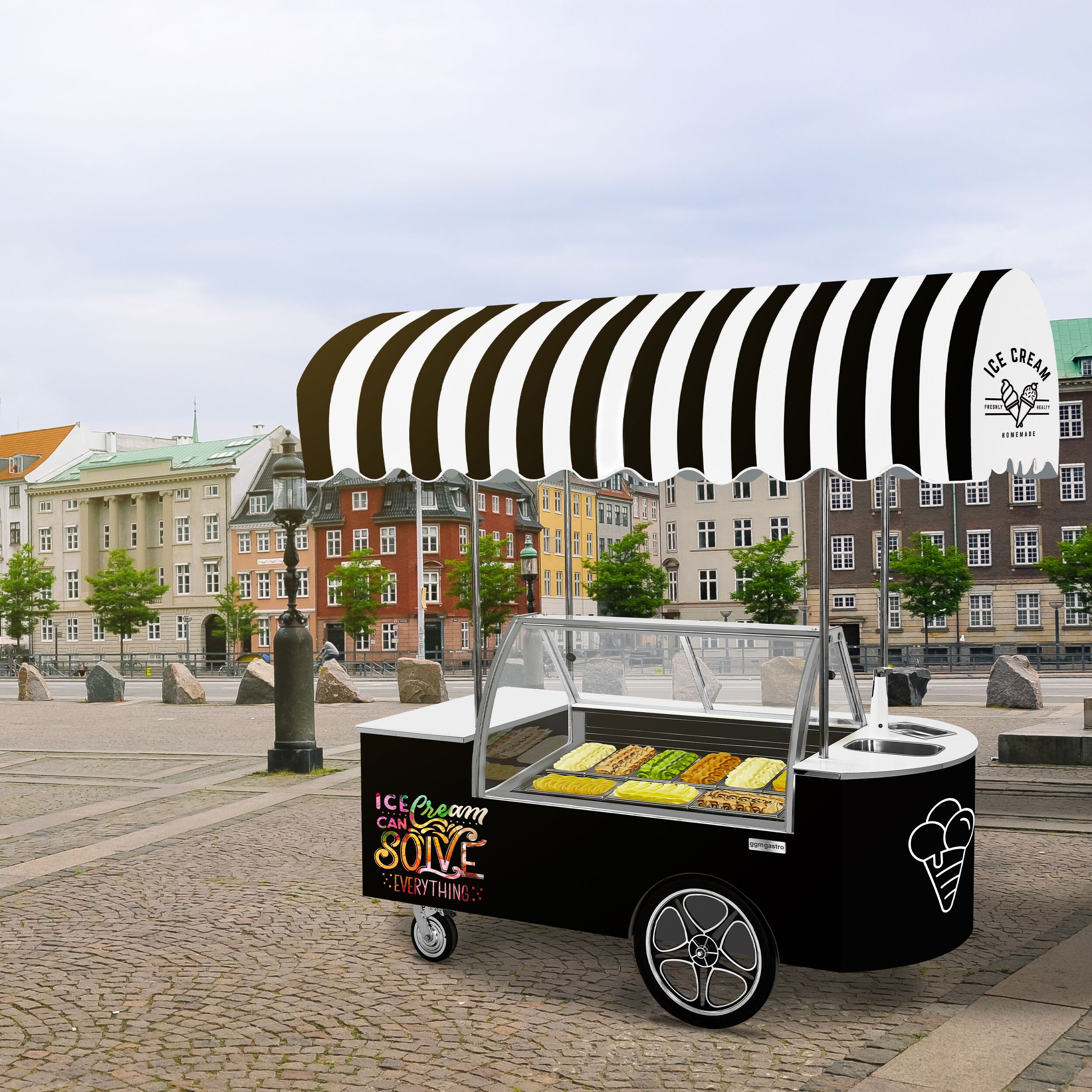 Chariot à glace – 2146 mm – avec évier et vitrine à glace ronde – pour 9 bacs à glace de 5 litres