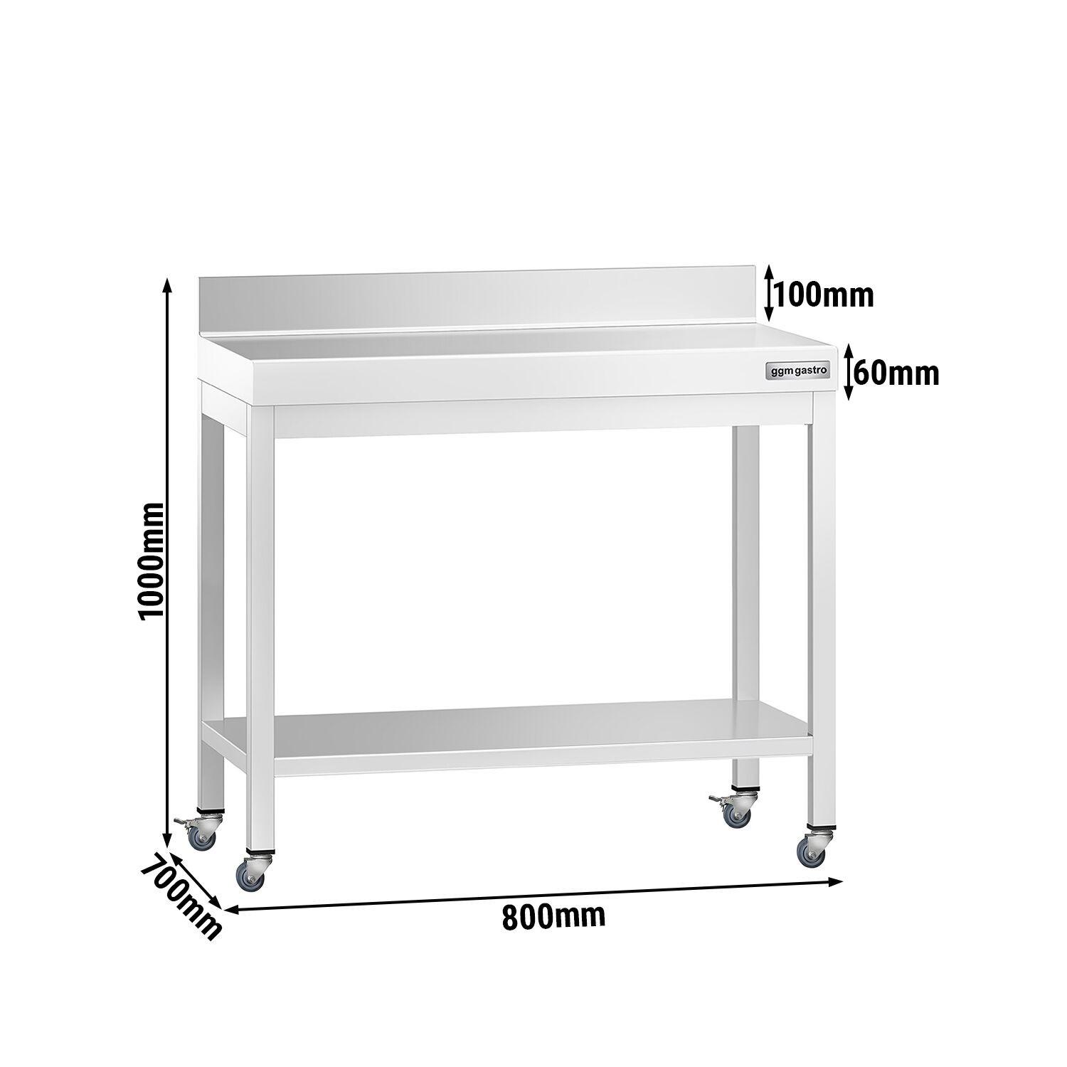 Table de travail en inox PREMIUM - 800 x 700 mm - avec tablette inférieure, dosseret et roulettes