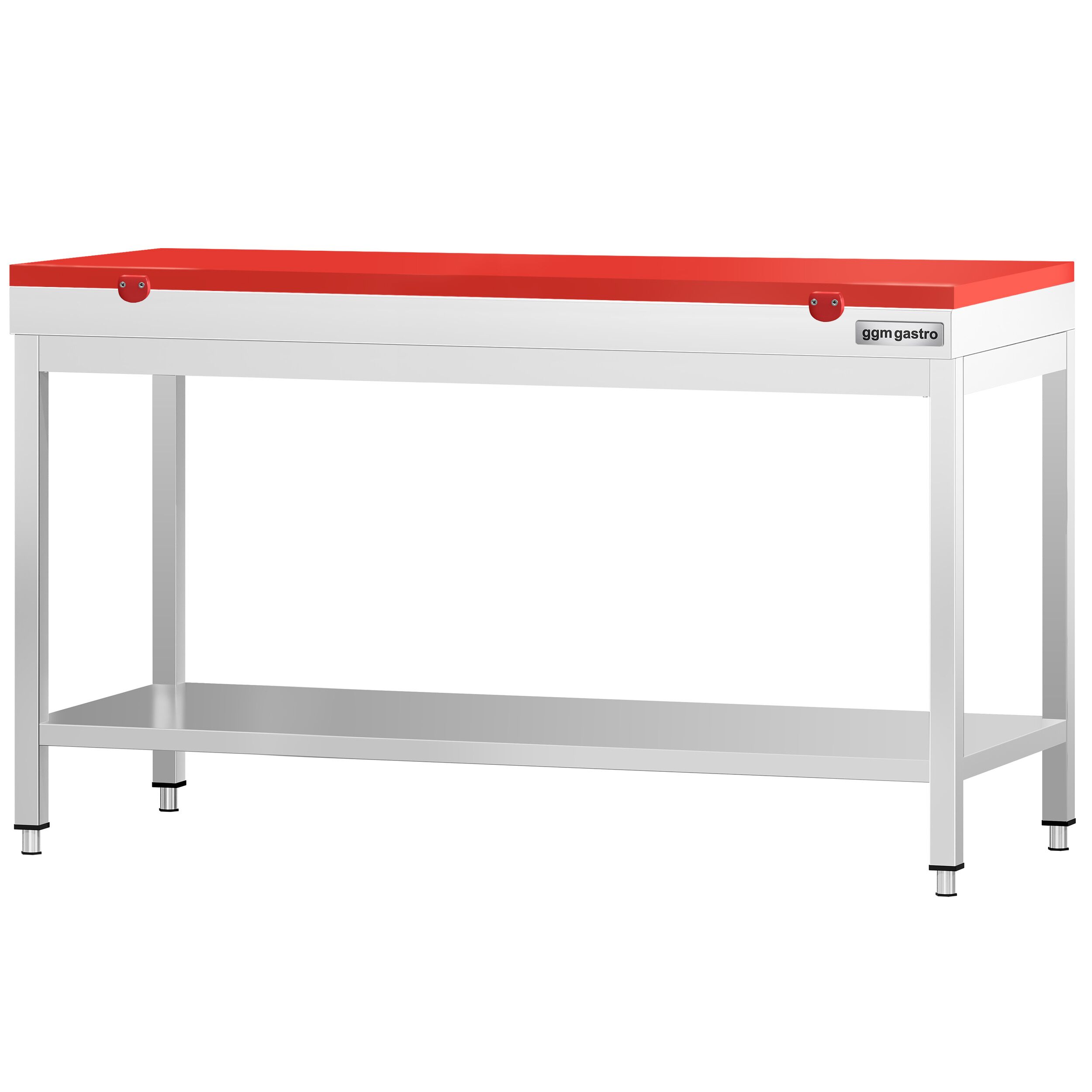 Table de travail inox PREMIUM - 1600 x 600 mm - avec tablette inférieure - incl. Planche à découper Rouge