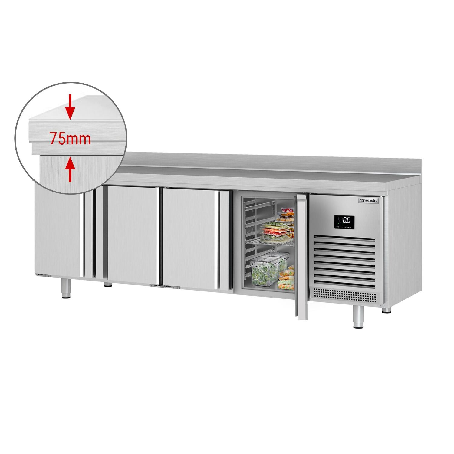 Table réfrigérée Premium PLUS - 2452x600 mm - avec 4 portes - avec dosseret