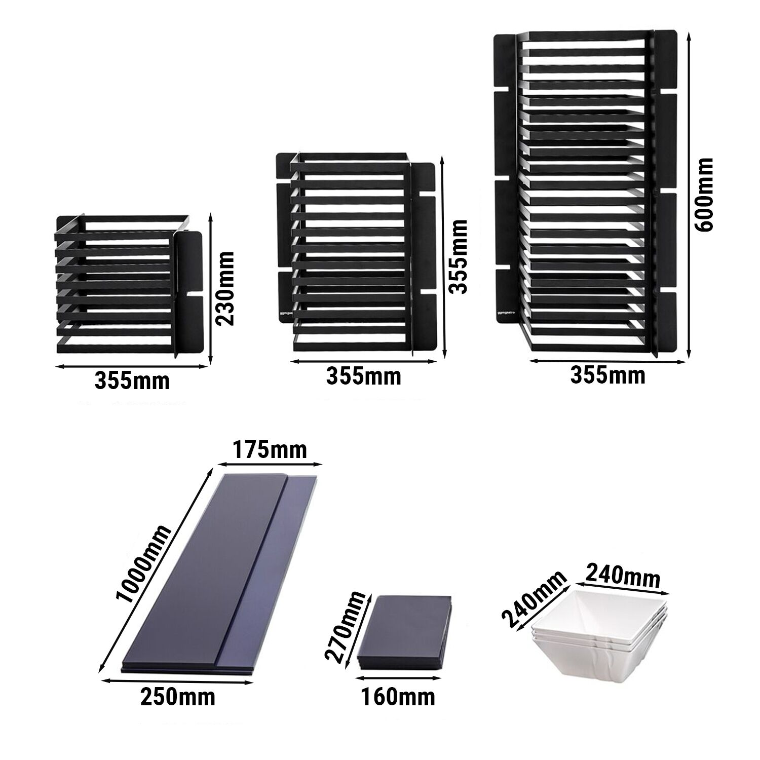 Stojak bufetowy - 3-poziomowy - stal nierdzewna i plexiglas - Wys.: 600mm - Kwadratowy - Czarny - w zestawie 3 miski melaminowe