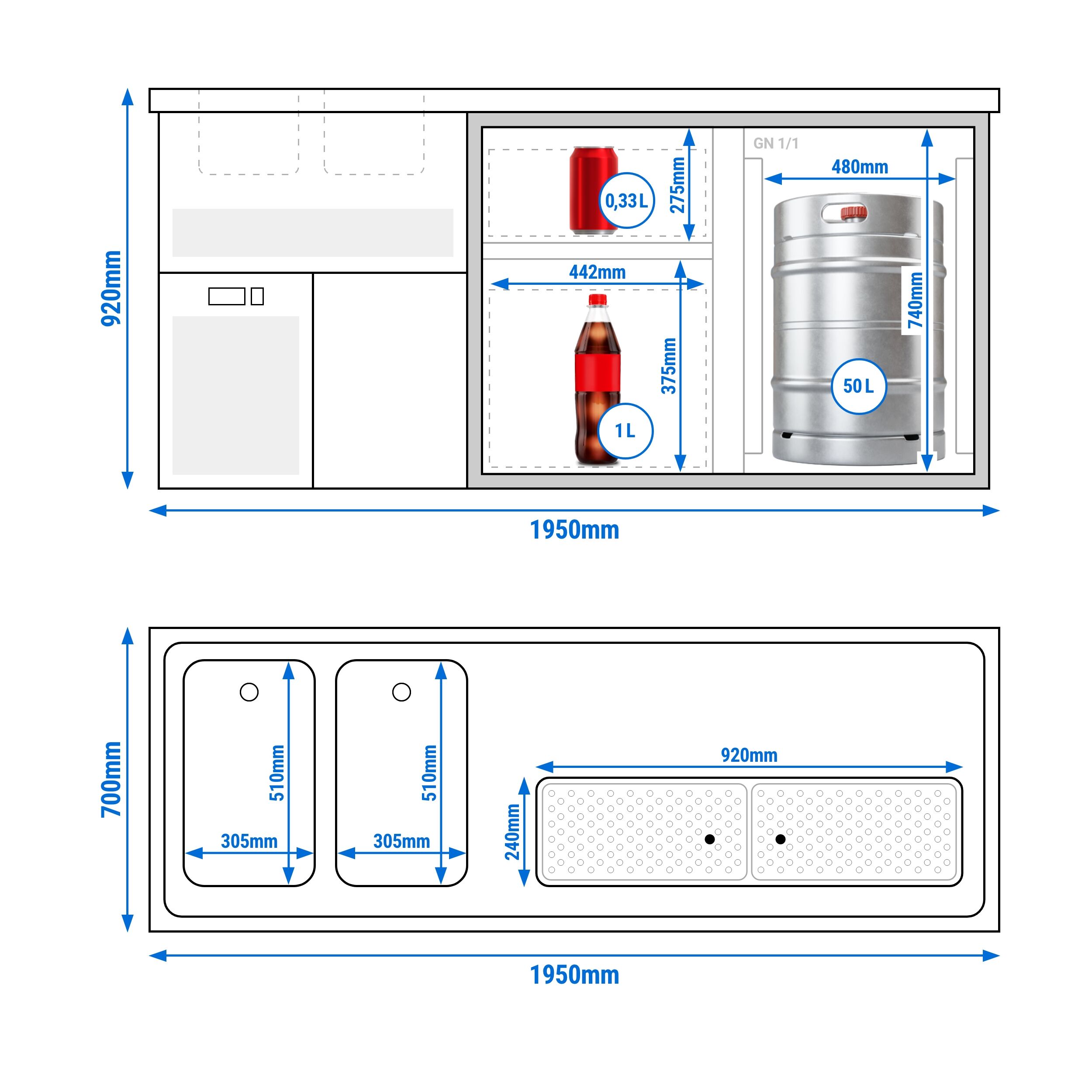 Comptoir à bière Premium PLUS – 1950 × 700 mm – 1 porte & 2 tiroirs