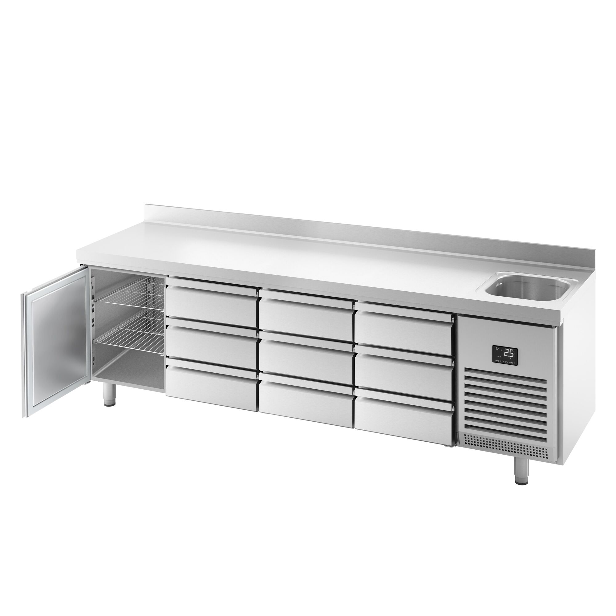 Balcão refrigerado PREMIUM PLUS - 2452x700mm - 630L - 1 porta; 9 gavetas - GN 1/3 - -2 a +8°C; com ressalto traseiro; com cuba