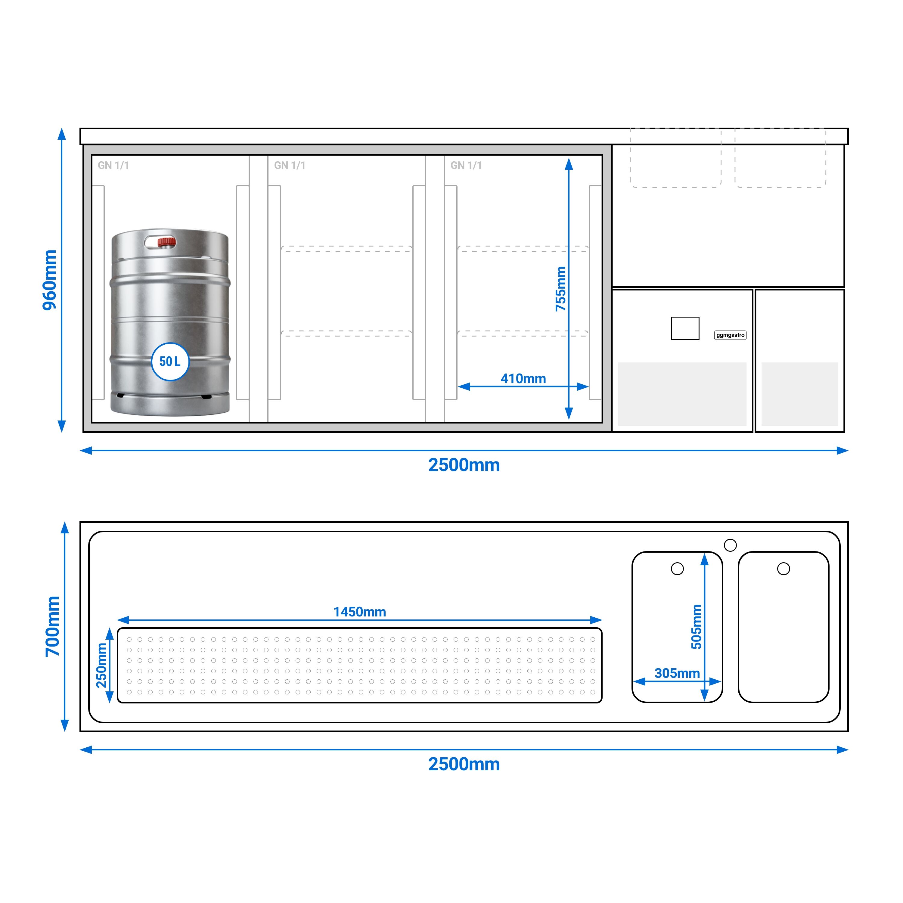 Comptoir de bar réfrigéré PREMIUM - 2500x700mm - 3 portes vitrées