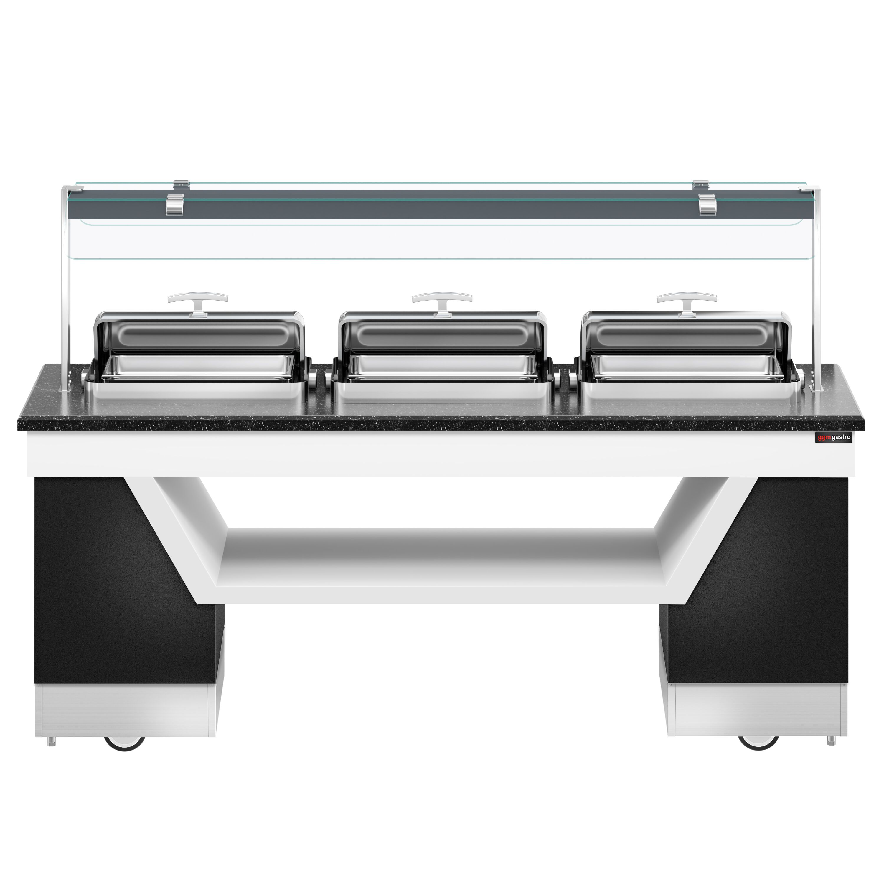 Heated Servery Counter BELFAST - 2300mm - with Hot Plate + Flat Glass Sneeze Guard - on Castors - for 3 Chafing Dishes - Black