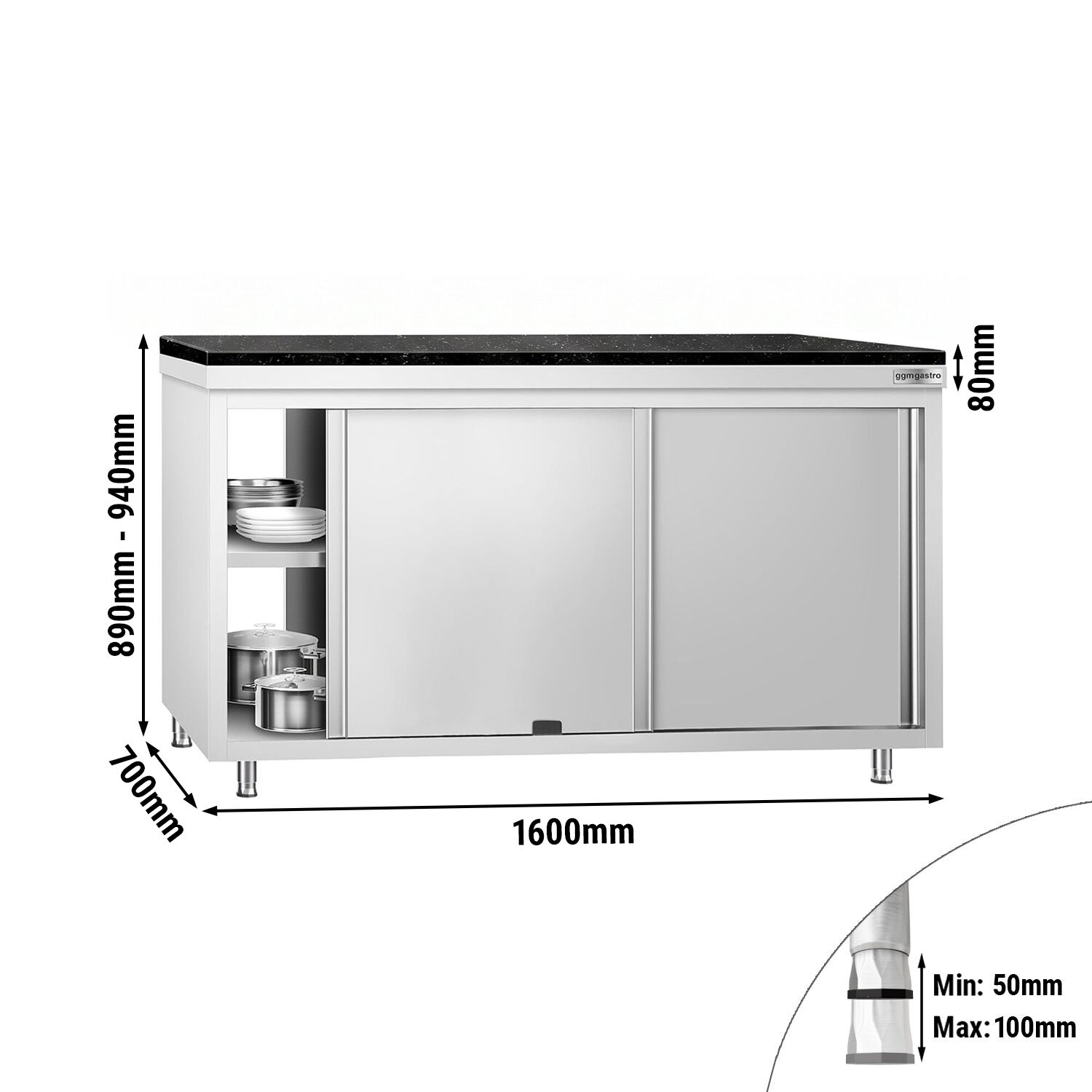 Roestvrijstalen werkkast PREMIUM - 1600 x 700 mm - met doorgeefluik - incl. granieten werkblad