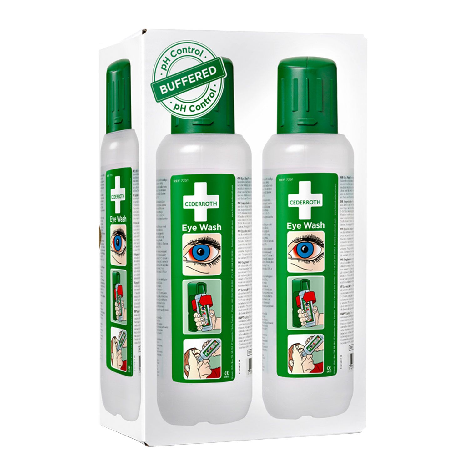 Trousse de premiers secours EYEWASH STATION - remplie - Vert - avec support mural, 2 flacons 500ml, solution saline tamponnée pH 7,5, stérile