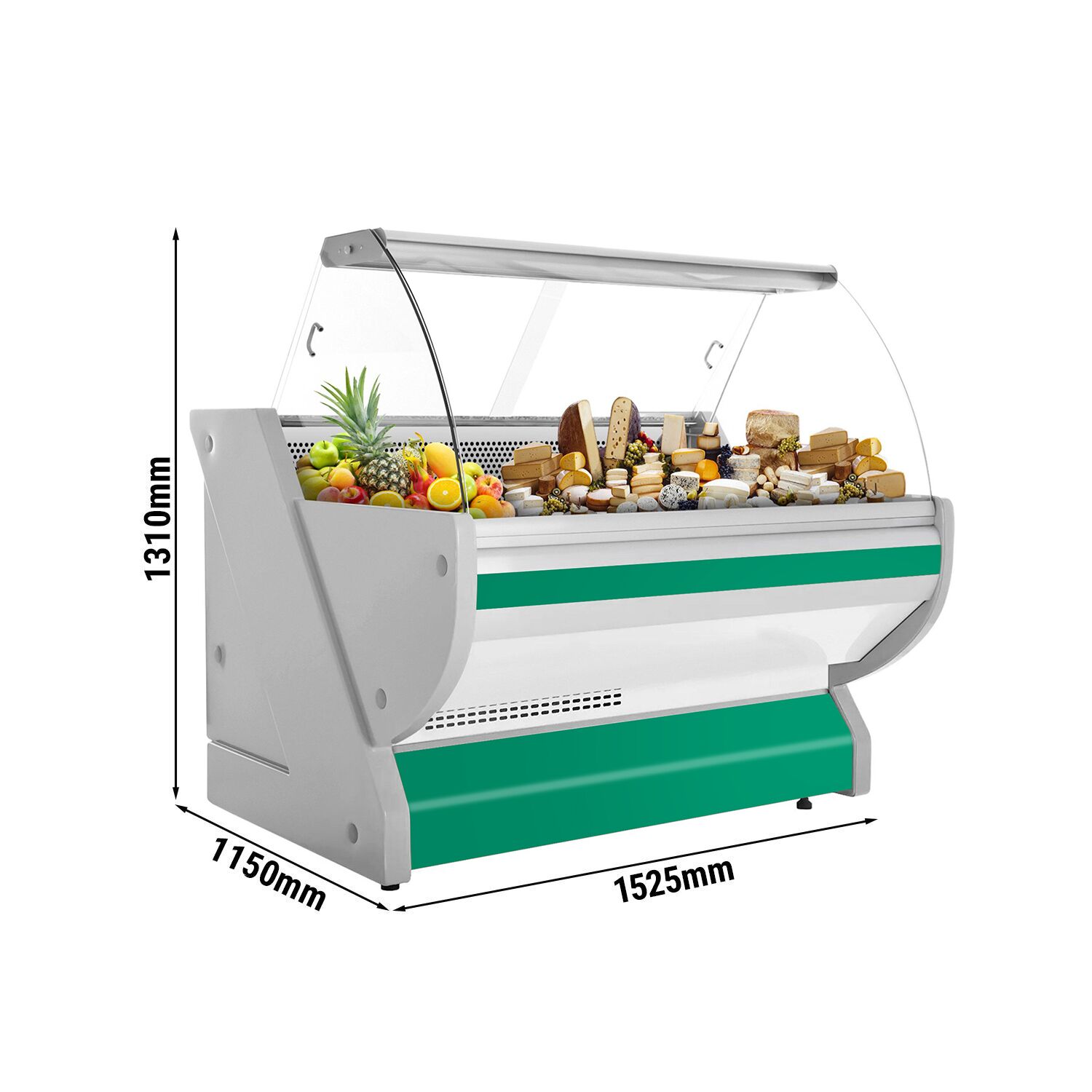 Serve Over Counter - 1525x1150mm - curved front glass - granite worktop - green front - capacity 300 litres