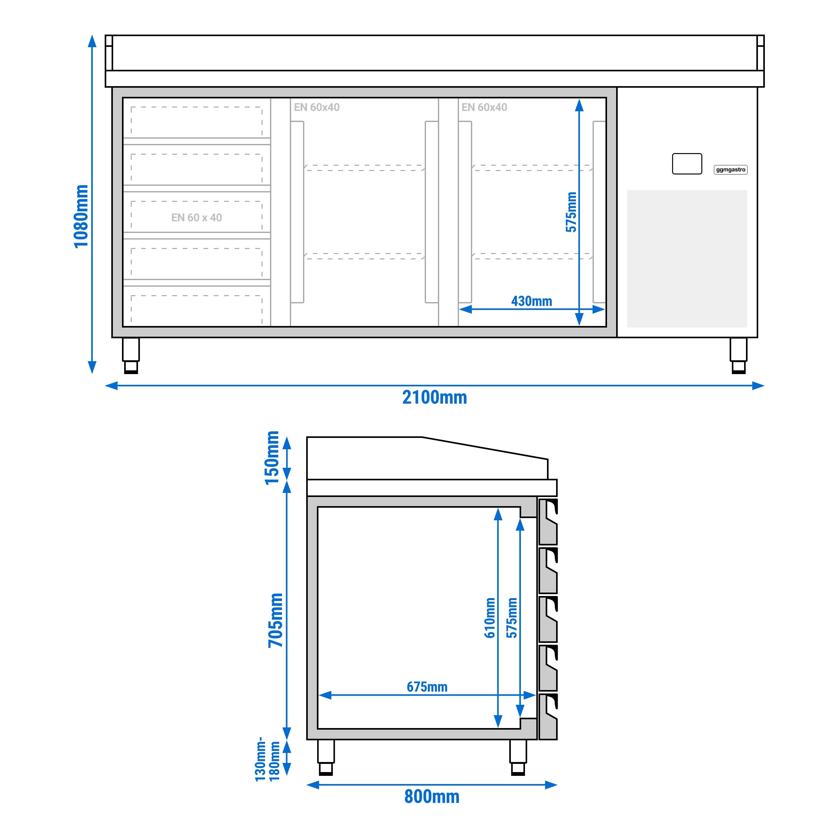 Table réfrigérée pour pizza PREMIUM - 2100 x 800 mm - avec 2 portes & 5 tiroirs