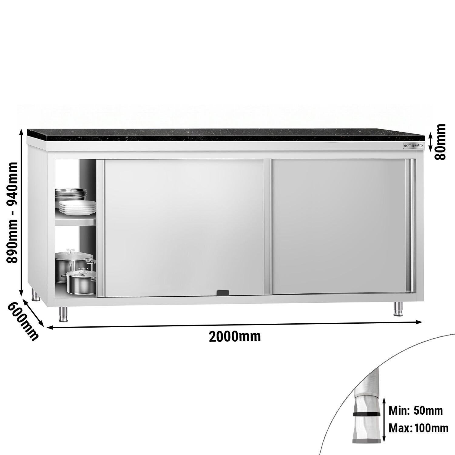 Roestvrijstalen werkkast PREMIUM - 2000 x 600 mm - met doorgeefluik - incl. granieten werkblad