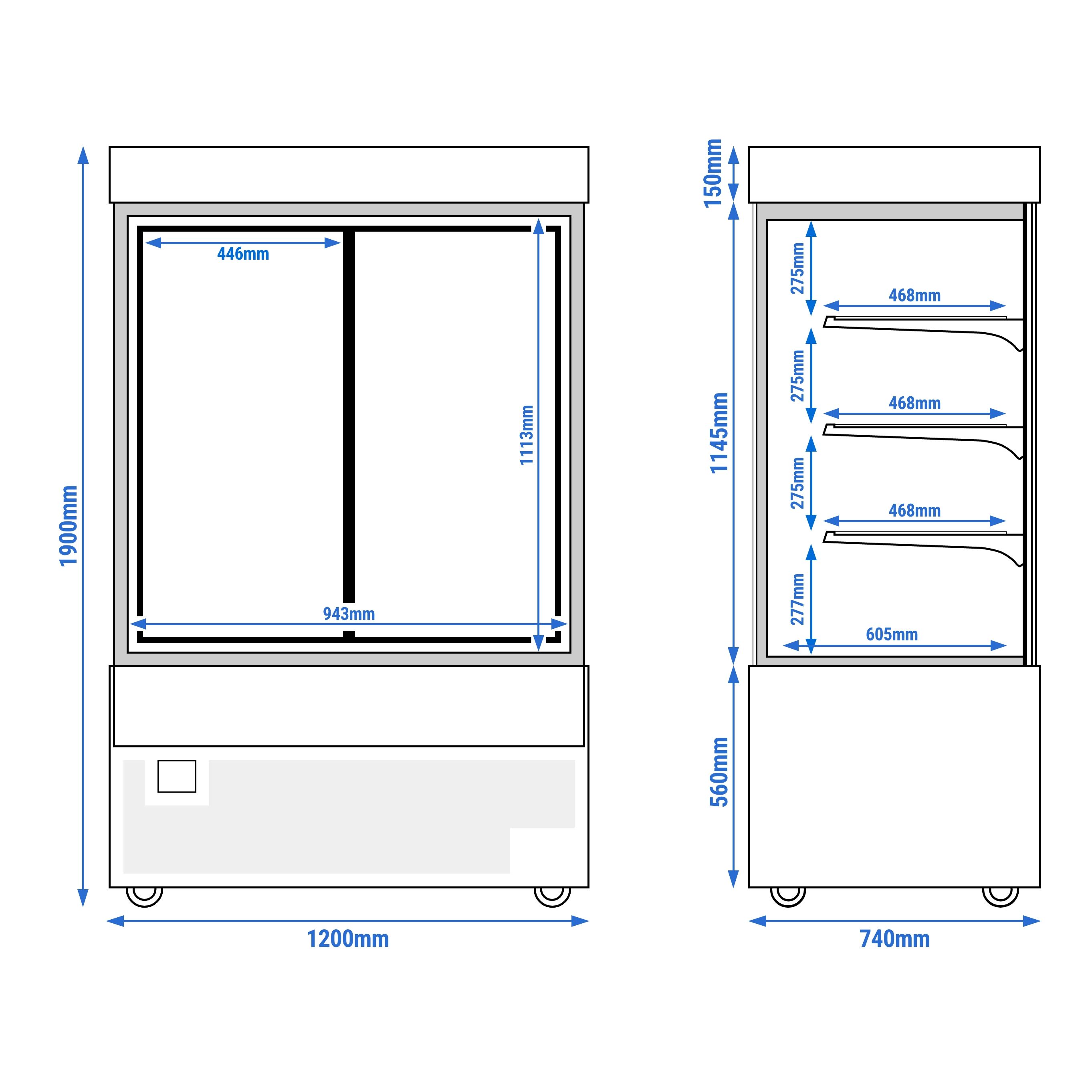 Vitrine de comptoir réfrigérée - 950L - 1200mm - Double vitrage - avec 3 étagères - portes coulissantes vitrées arrière - Noir