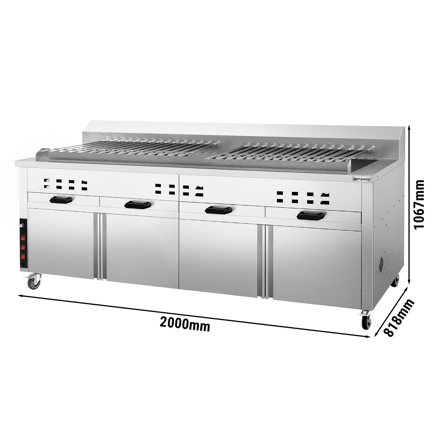 Mangal Charcoal Grill - 2000mm - with cabinet base - for Adana & Shish Kebab - 30 automatic rotating skewers
