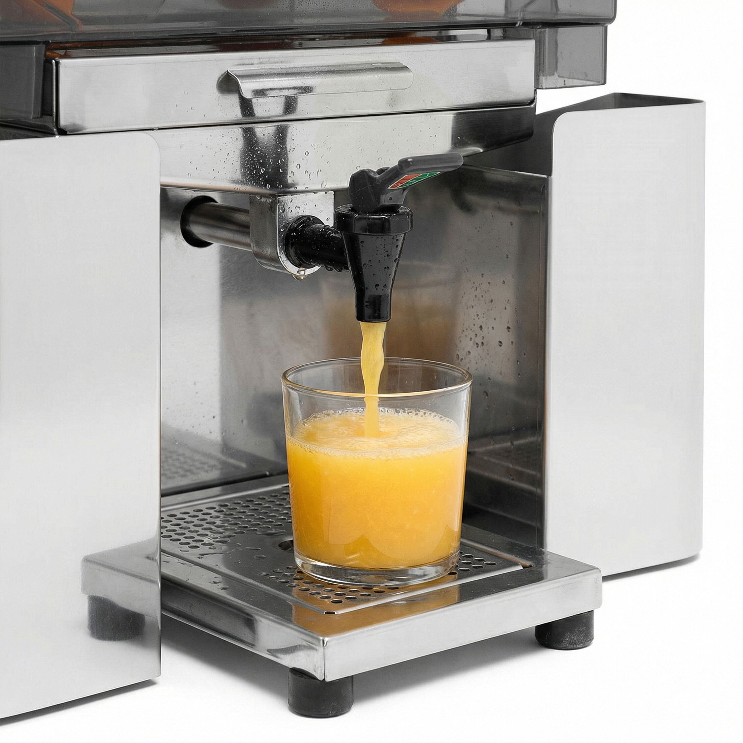 Elektrisk citruspress - 200 W - med 20 apelsiner/min, Ø 60–80 mm, korg ca 22 apelsiner, droppstopp/kran & avtagbar front för rengöring - rostfritt stål