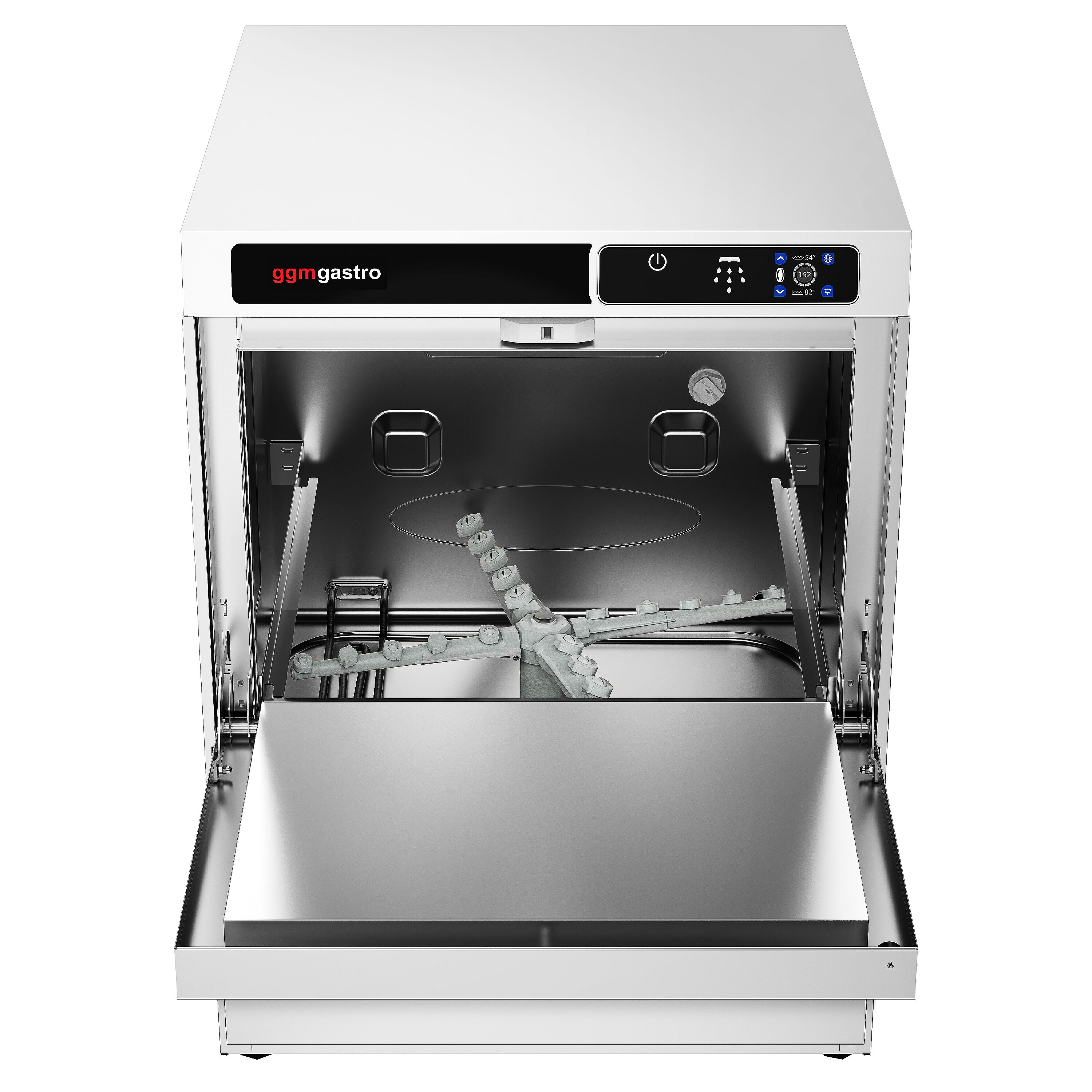 Double-skinned Undercounter Commercial Dishwasher - 500mm Basket - Touch Controls - 3.6kW - with Integrated Water Softener - with Drain, Rinse Aid & Detergent Pumps