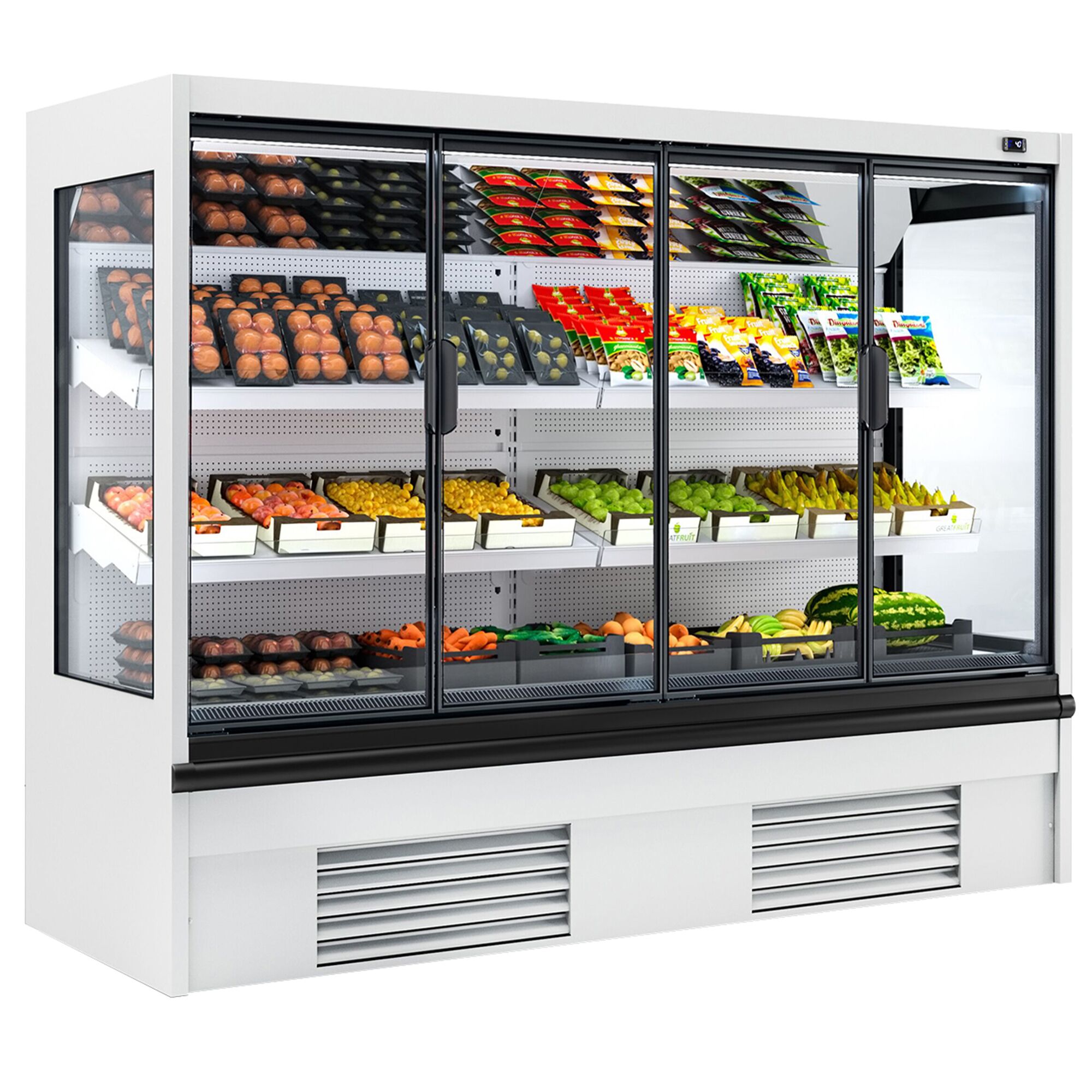 Commercial multideck display fridge - 2580mm - 740L - with 2 double‑glazed hinged glass doors & 2 shelves - White