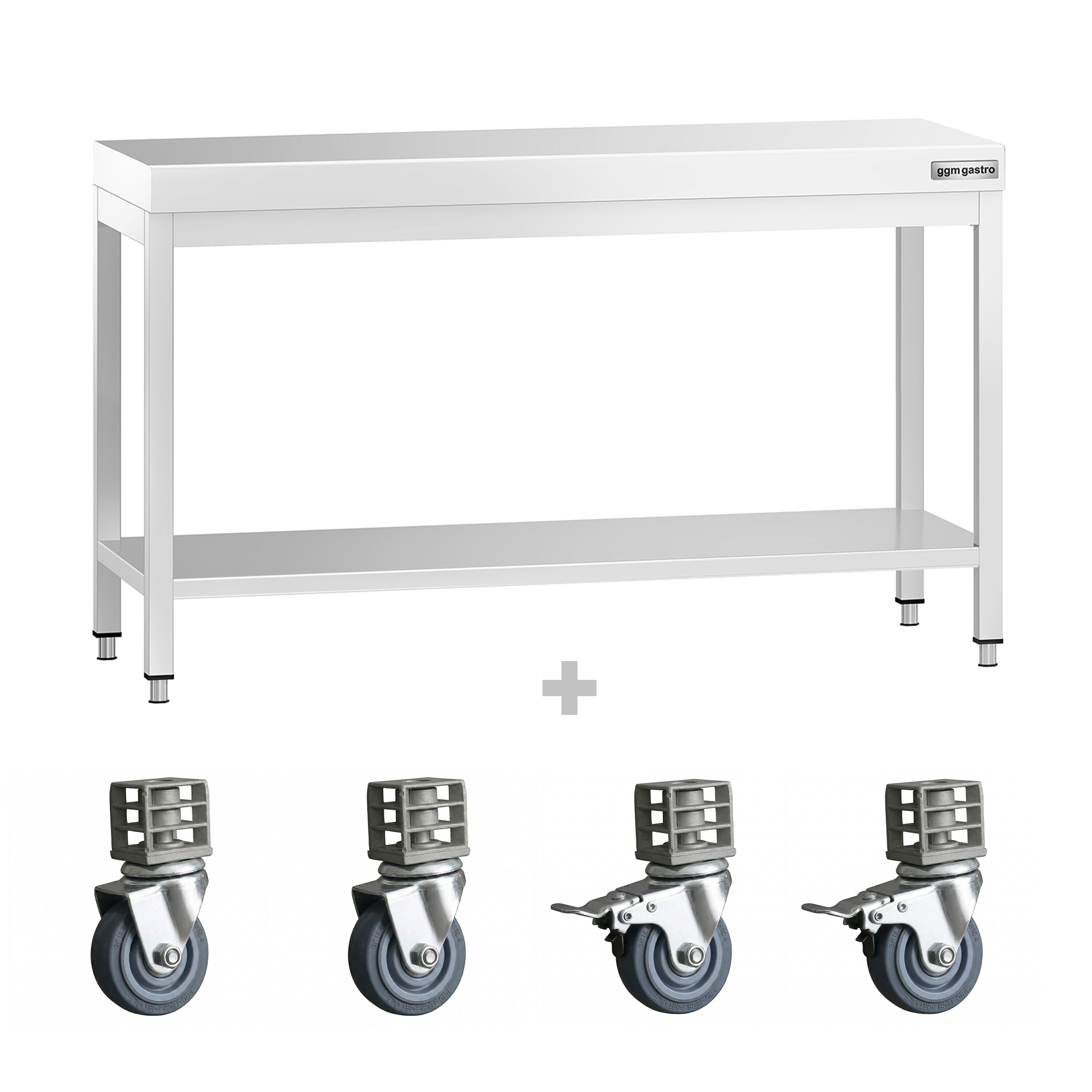 Table de travail en inox PREMIUM - 1400 x 700 mm - avec tablette inférieure et roulettes
