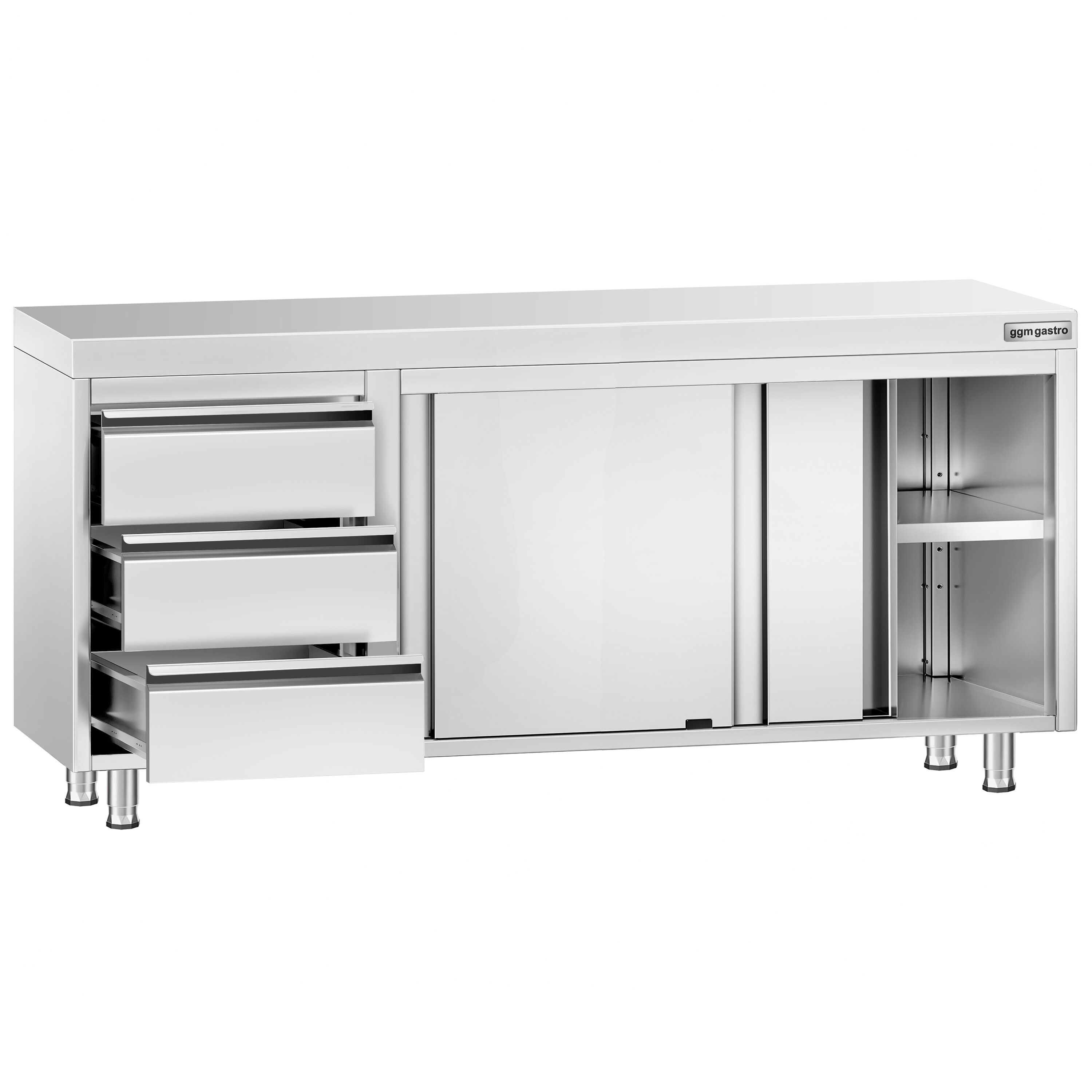 Table armoire en acier inoxydable PREMIUM - 1800x700mm - avec 3 tiroirs à gauche et portes coulissantes