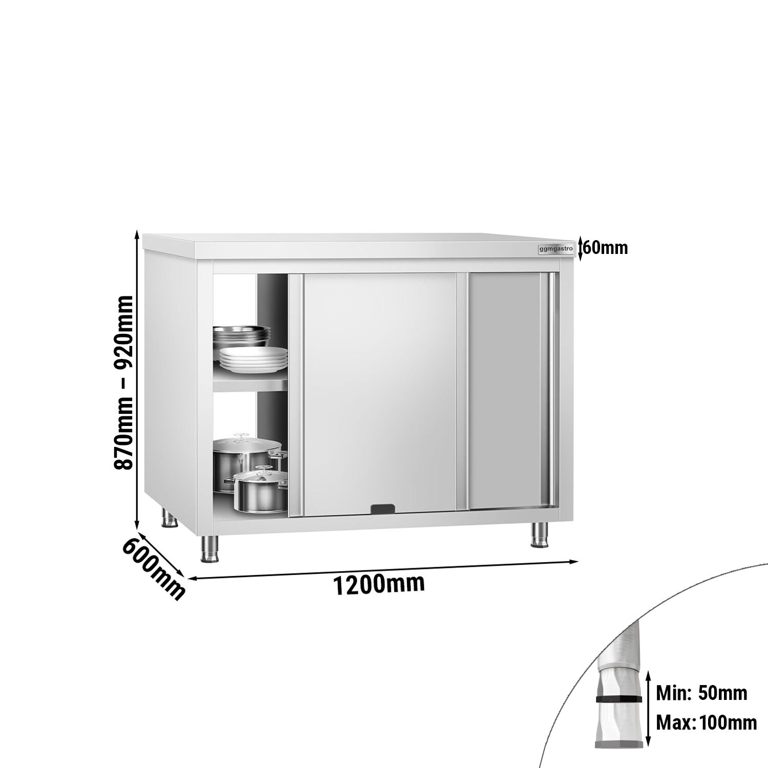 Table armoire en acier inoxydable PREMIUM - 1200x600mm - avec portes coulissantes - avec passe-plats