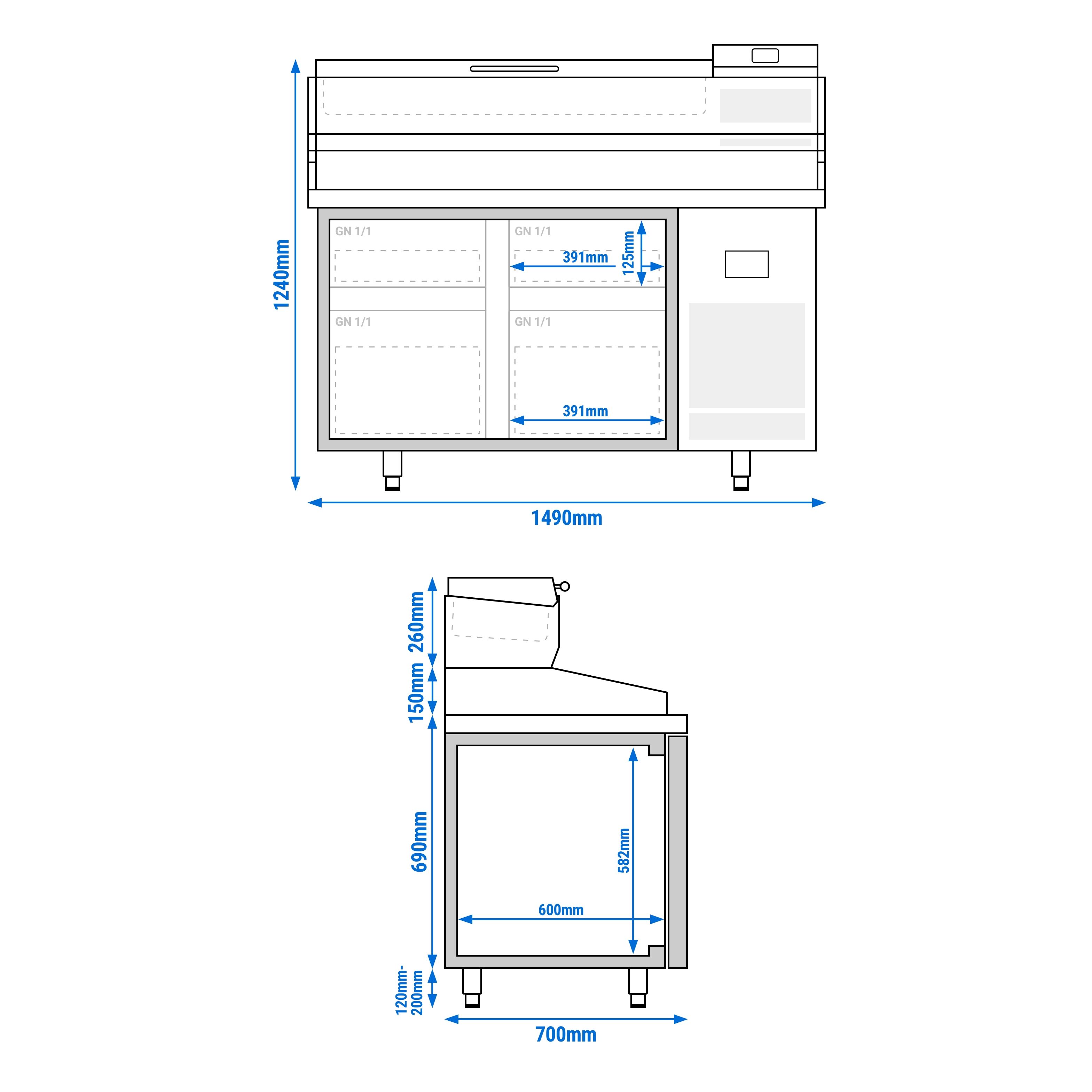 Table réfrigérée à pizza Premium PLUS - 1490x700 mm - avec 4 tiroirs - incl. vitrine réfrigérée - 6x GN 1/4