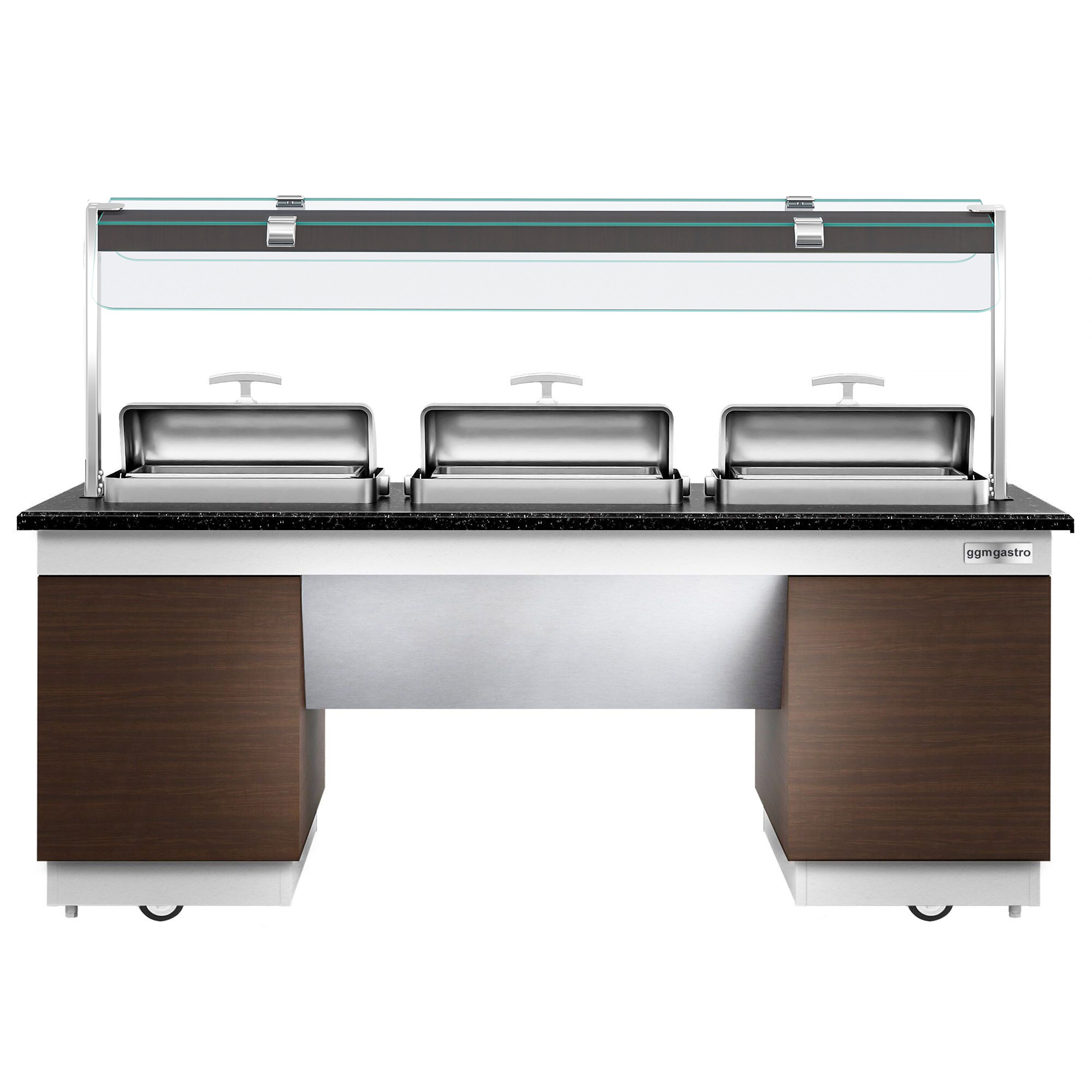Buffet chaud DUBLIN - 2300mm - avec 3 Chafing Dishes - sur roulettes