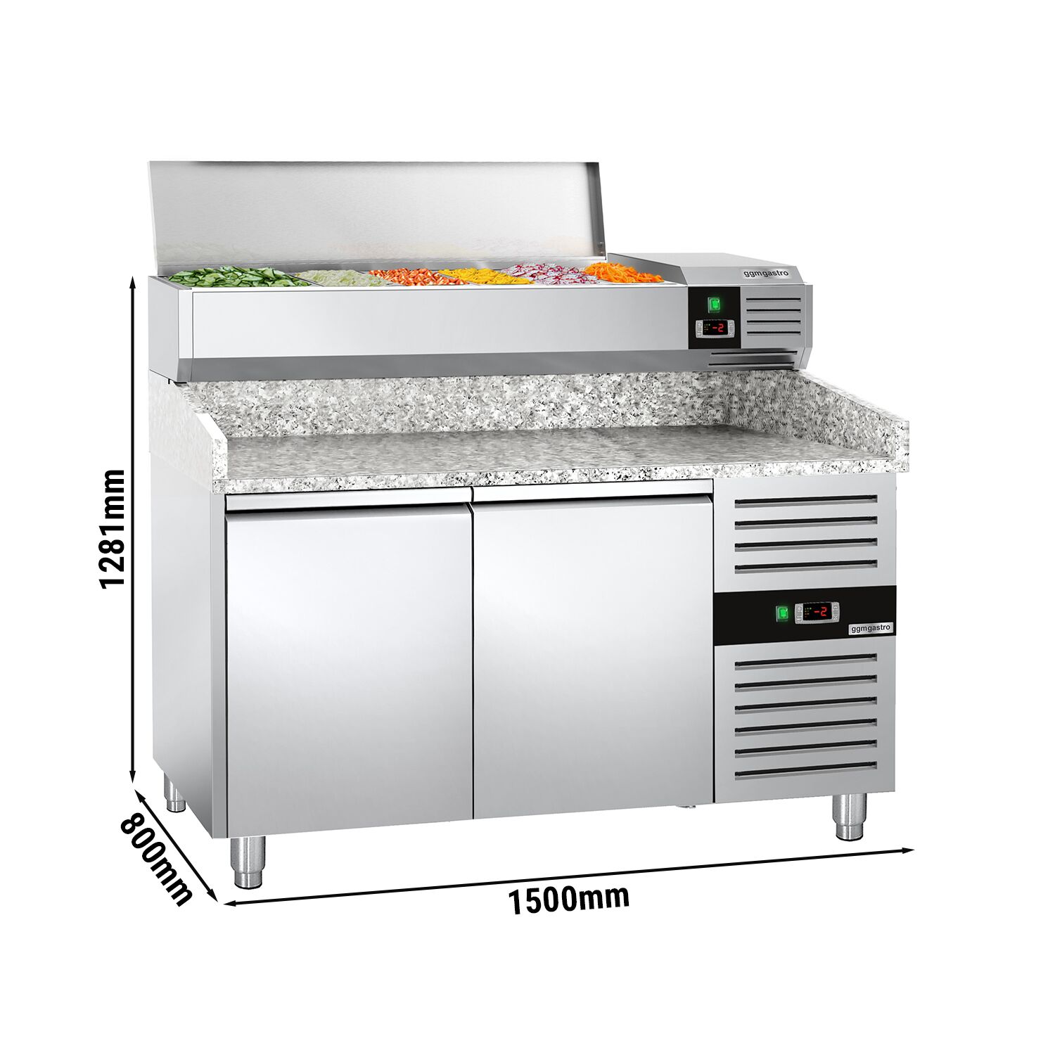 Table réfrigérée à pizza PREMIUM - 1500 x 800 mm - avec 2 portes - incl. vitrine réfrigérée - 6 x GN 1/3