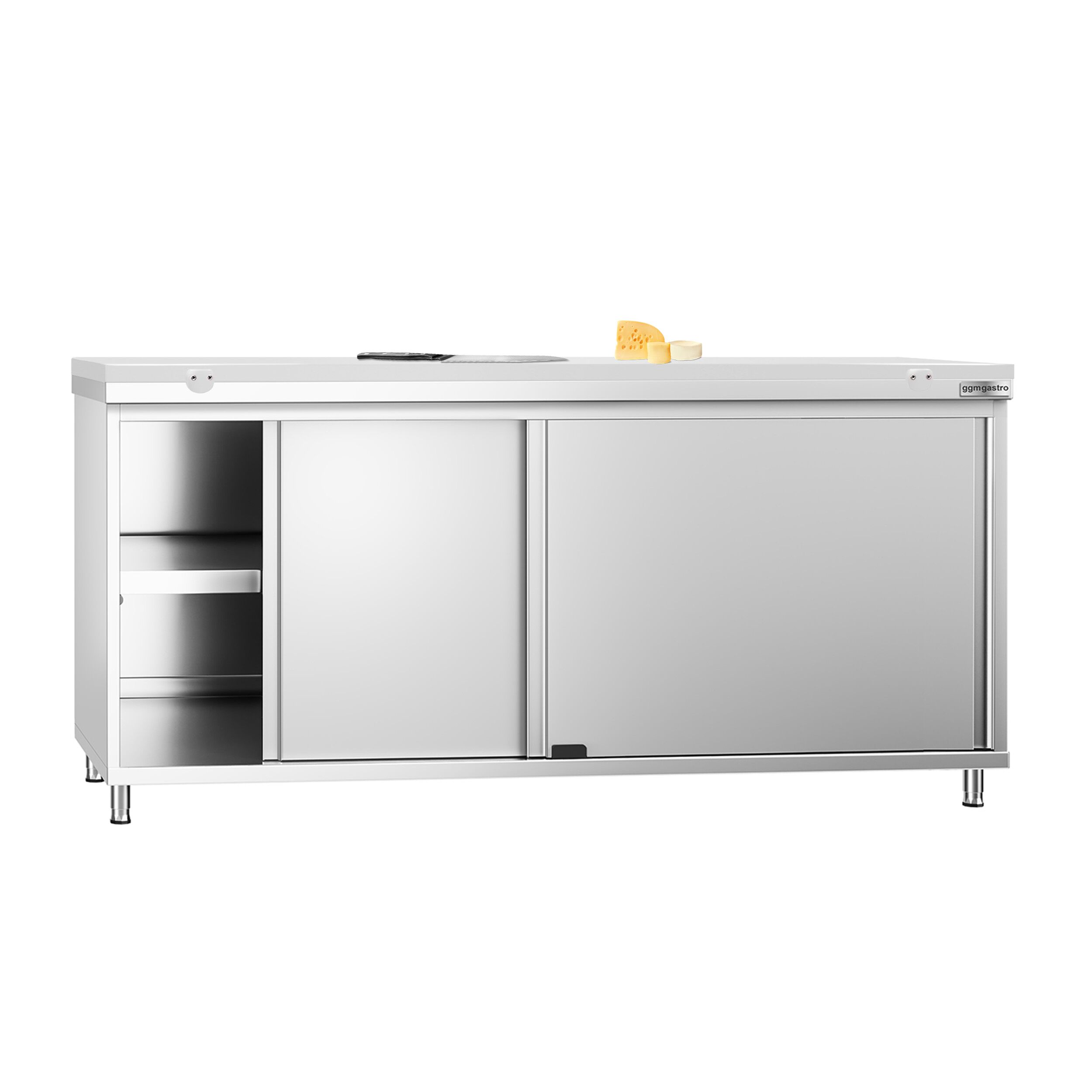 Table armoire en acier inoxydable PREMIUM - 1800x600mm - avec portes coulissantes et étagère basse - pour produits céréaliers, produits laitiers - incl. plateau de découpe Blanc PEHD (HACCP)