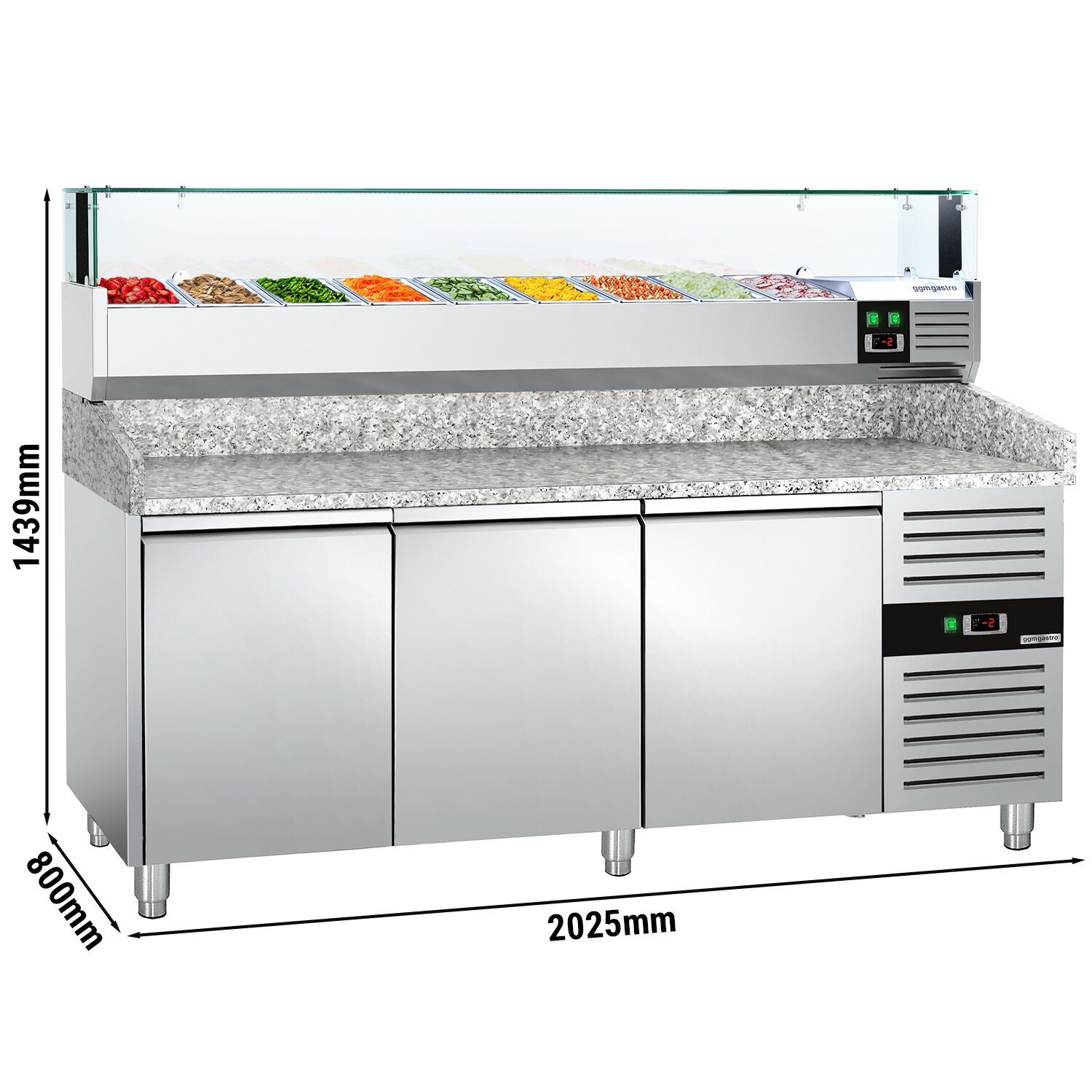 Table réfrigérée pour pizza PREMIUM - 2000 x 800 mm - avec 3 portes - incl. vitrine réfrigérée avec LED - 9 x GN 1/3