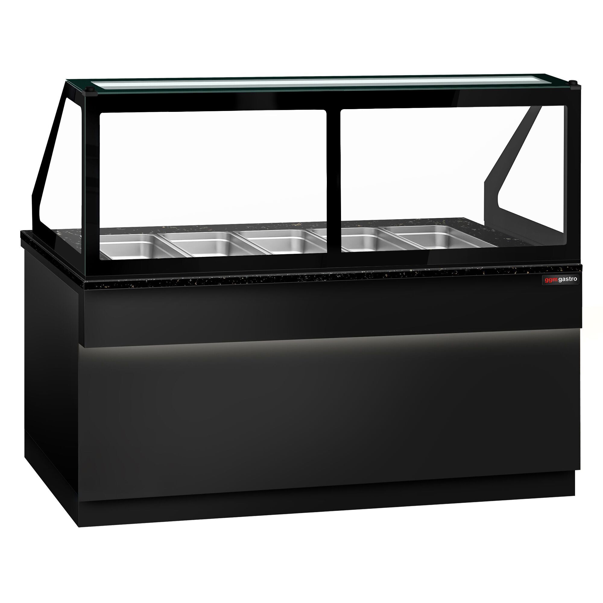 Saladette réfrigérée TORONTO - 2000mm - façade noire - 3 portes - avec vitrine de comptoir pour 5x GN 1/1 & 1 étagère - plan de travail en granit noir - 1200L