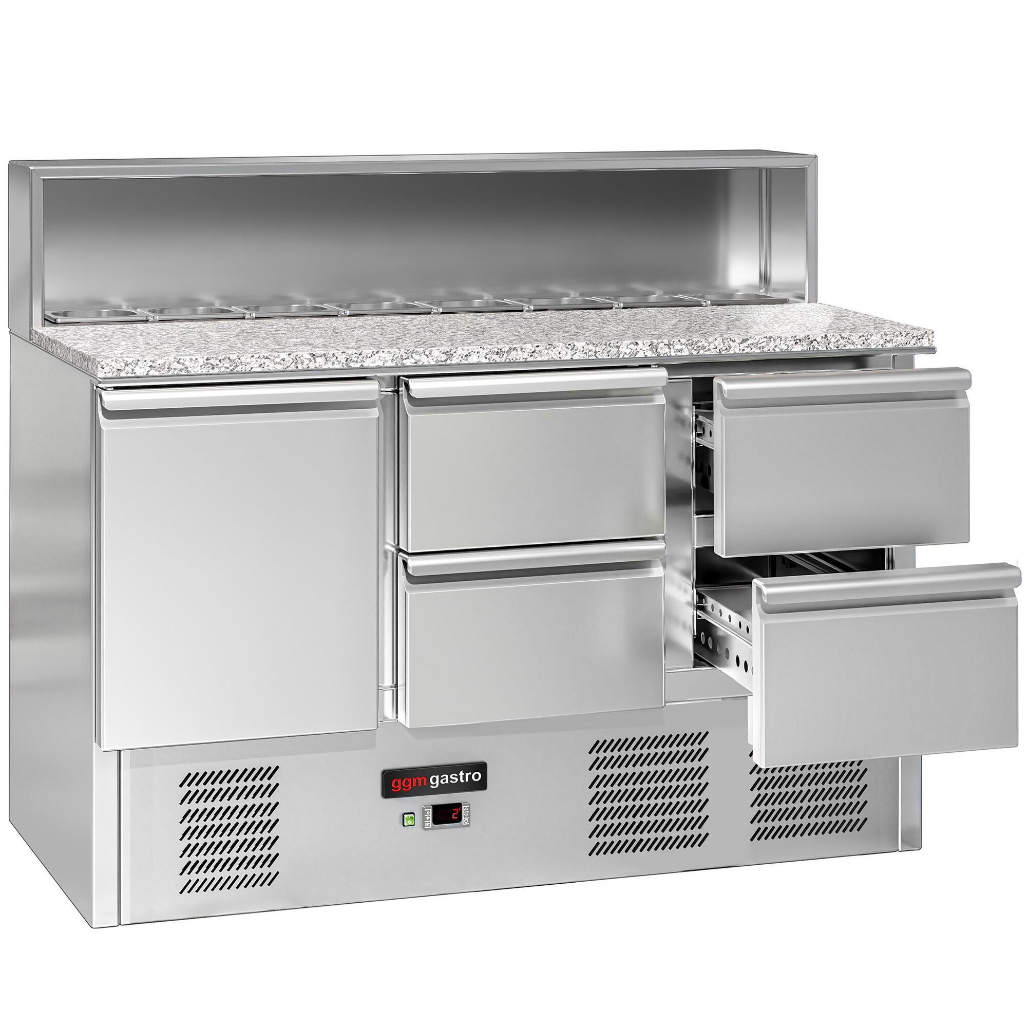Table à pizza réfrigérée ECO - 1368mm - 402L - 1 porte & 4 tiroirs - pour 8x GN 1/6 & Couvercle inox - plan de travail en granit noir