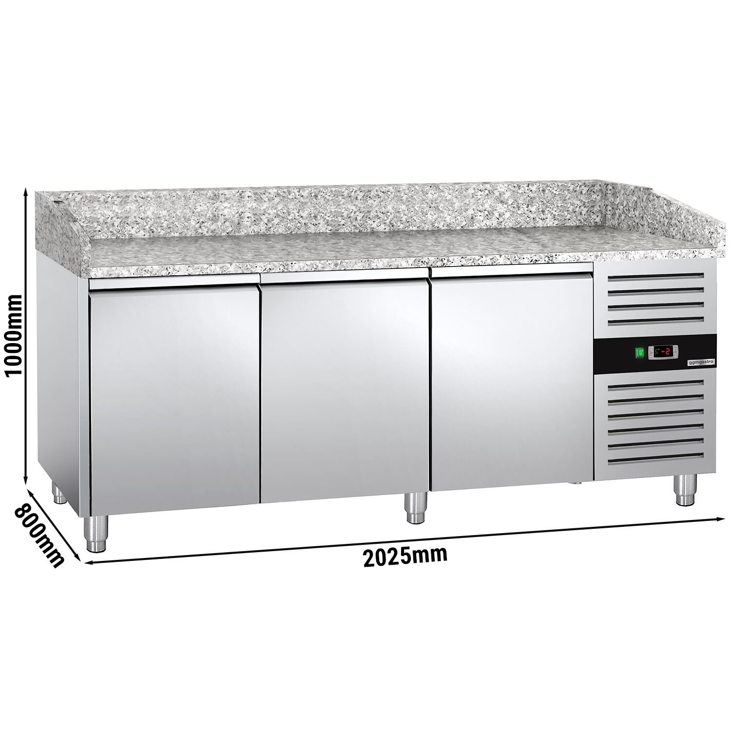 Masă frigorifică pentru preparare pizza ECO - cu blat din granit - 2025x800 mm - cu 3 uși