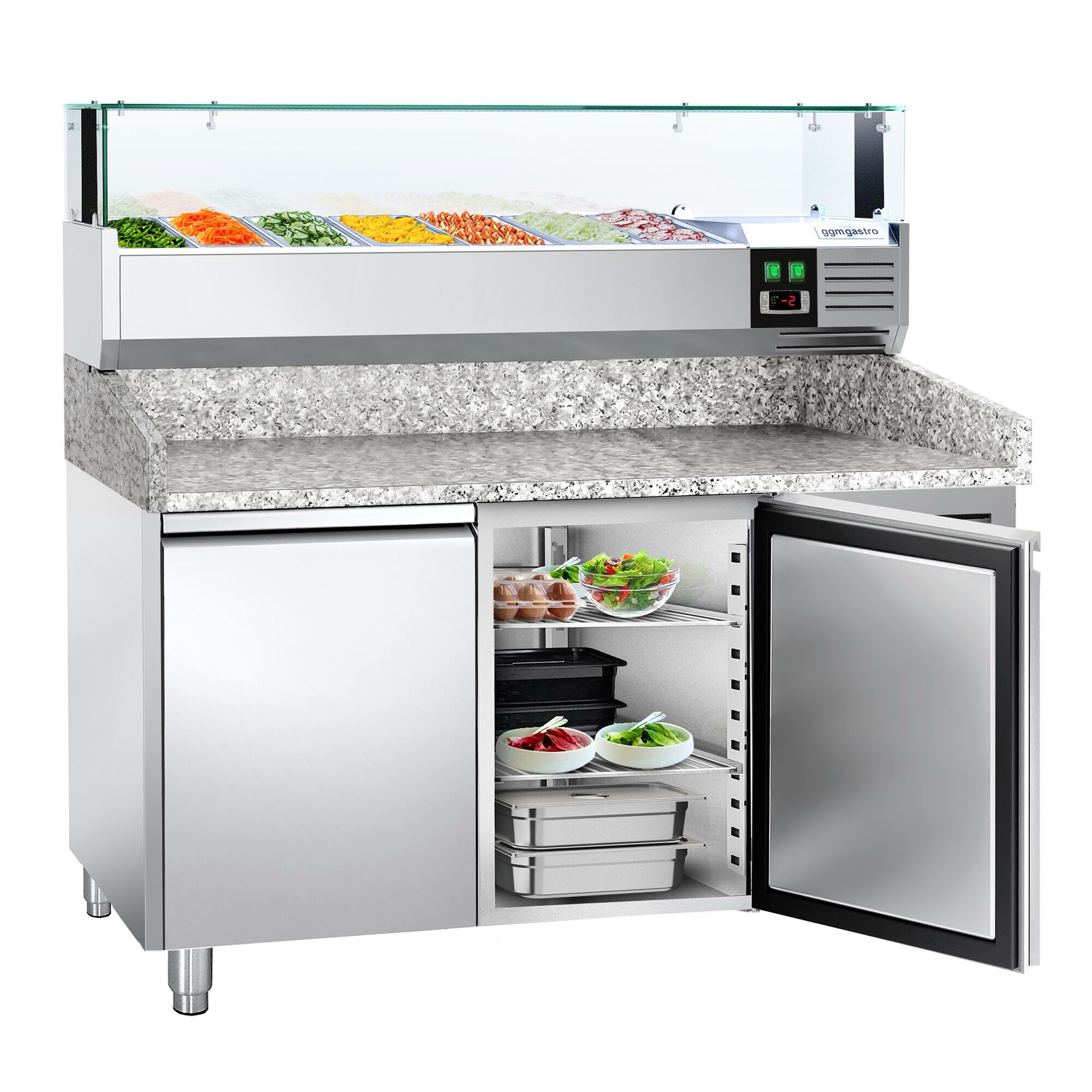 Table réfrigérée pour pizza PREMIUM - 1500 x 800 mm - avec 2 portes - incl. vitrine réfrigérée avec LED - 7 x GN 1/4