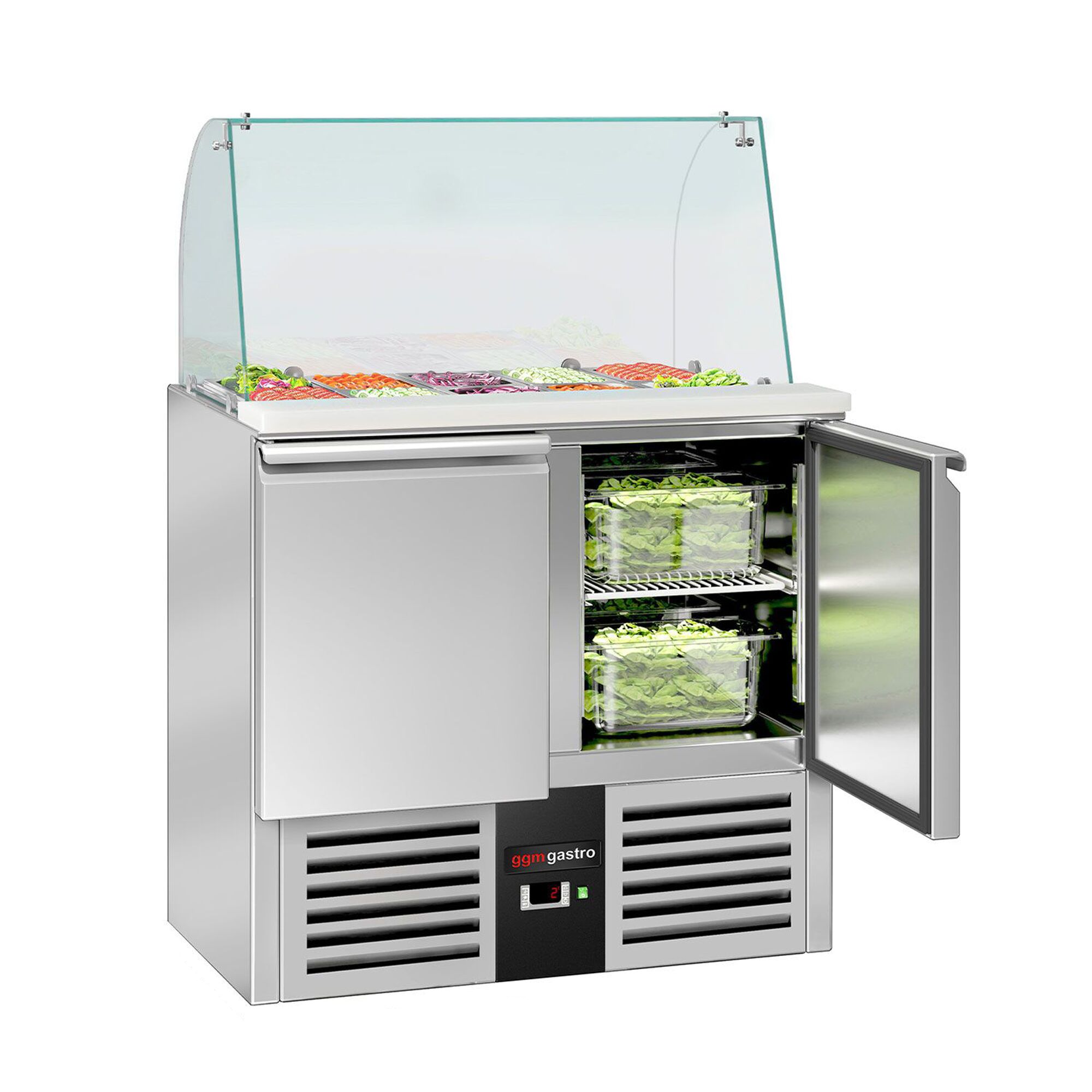 Saladette réfrigérée PREMIUM - 900mm - 240L - 2 portes - avec vitrine de comptoir pour 2x GN 1/1 & 3x GN 1/6