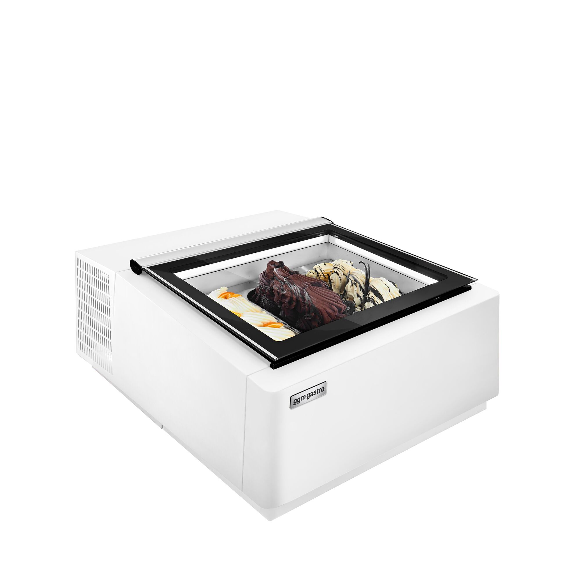 Vitrine à glaces à poser - 670mm - Froid statique - Couvercle vitré basculant - Blanc - pour 3 bacs de 5 L - Côté client