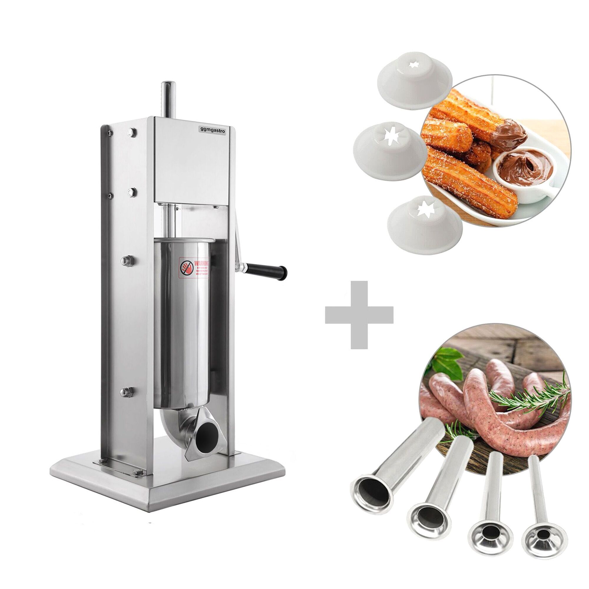 Poussoir à saucisses Manuel & Machine à churros - 3 Litres - inox - incl. 4 Embouts à saucisses & 3 Embouts à churros