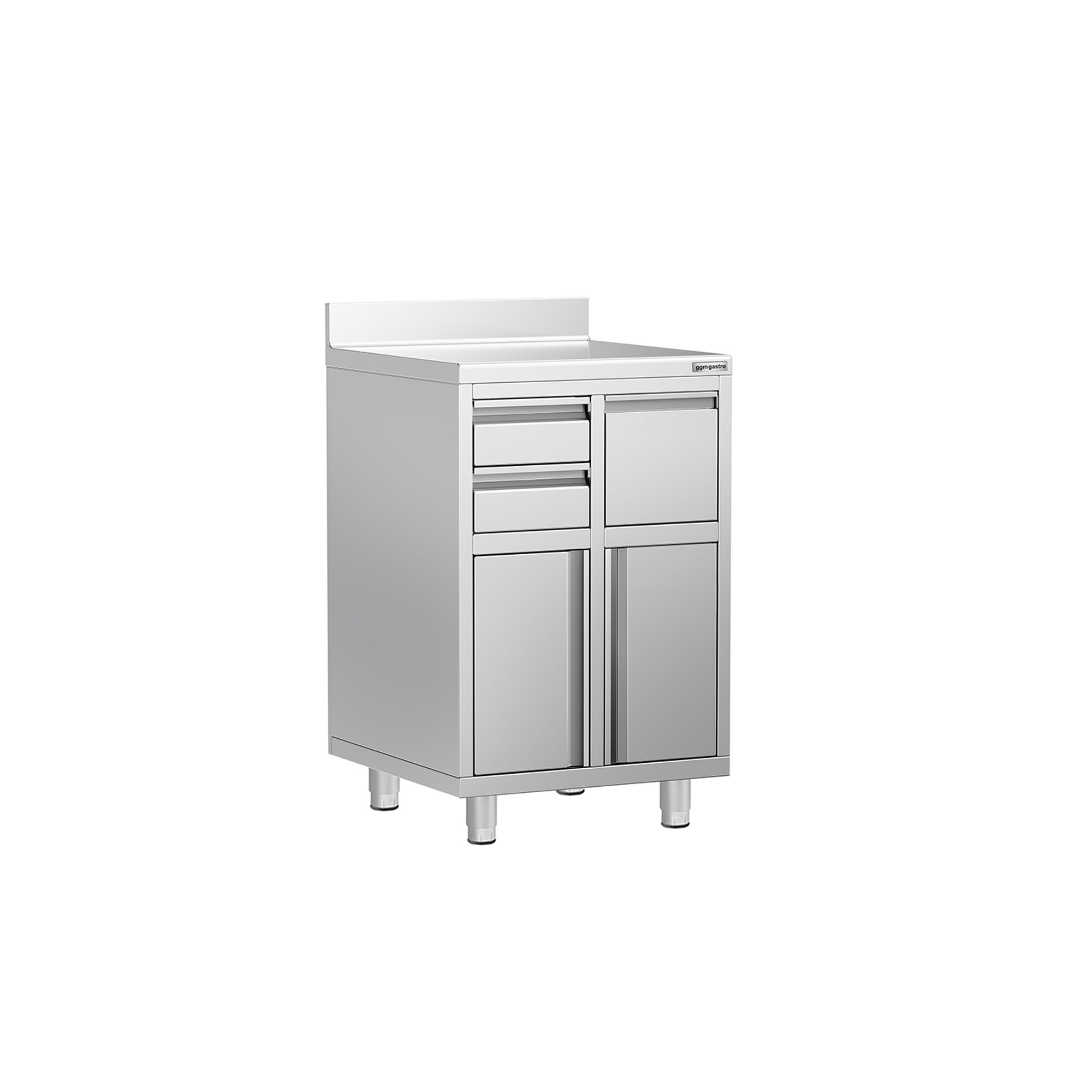 Armoire de travail pour machine à café filtre - 600x600mm - avec dosseret - 2 tiroirs, 1 porte battante, 1 tiroir à marc de café