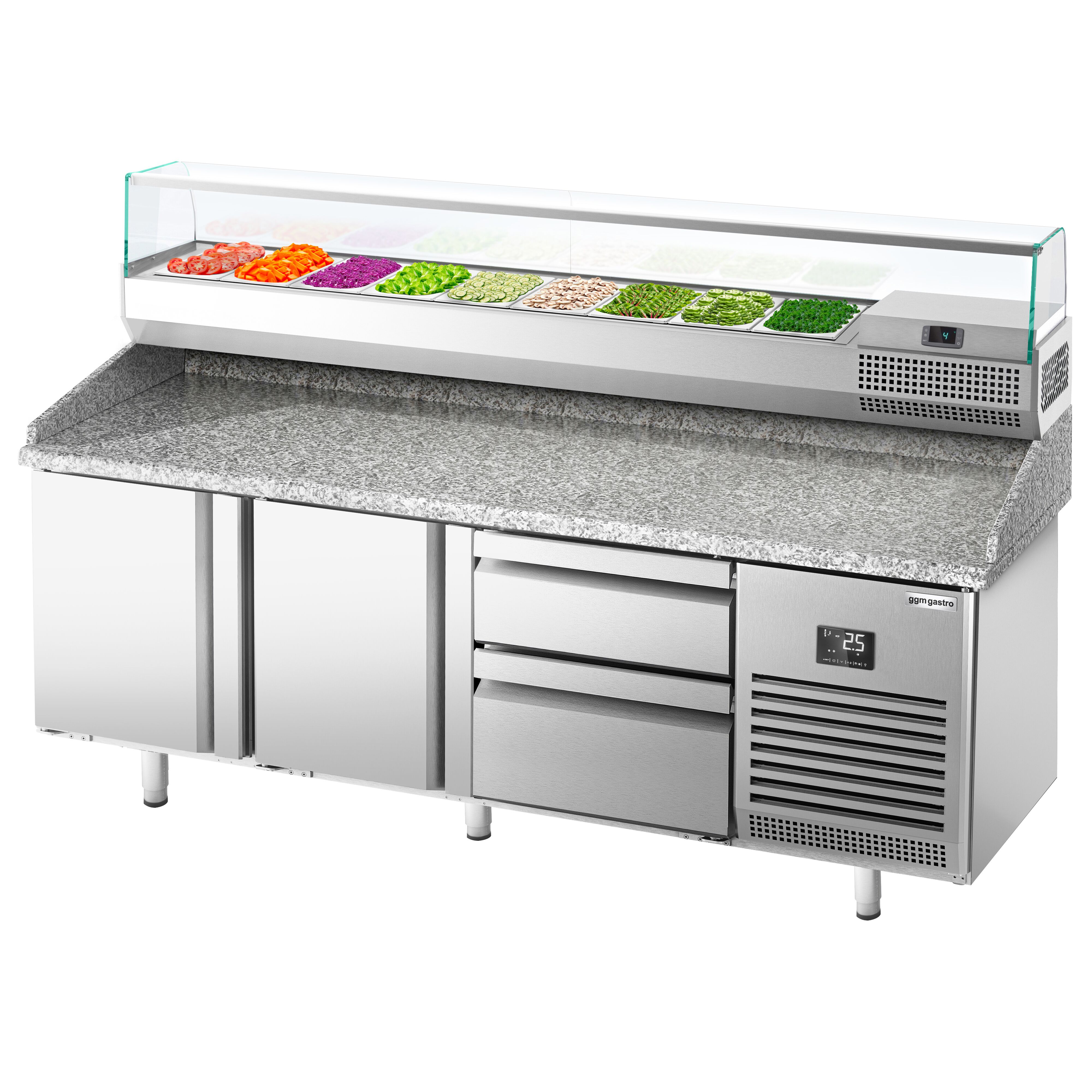 Table réfrigérée à pizza Premium PLUS - 1980x700 mm - avec 2 portes & 2 tiroirs - incl. vitrine réfrigérée - 9x GN 1/4
