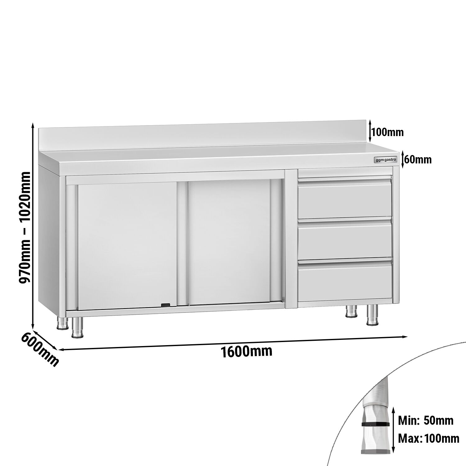 Table armoire en acier inoxydable ECO - 1600x600mm - avec 3 tiroirs à droite et portes coulissantes - avec dosseret