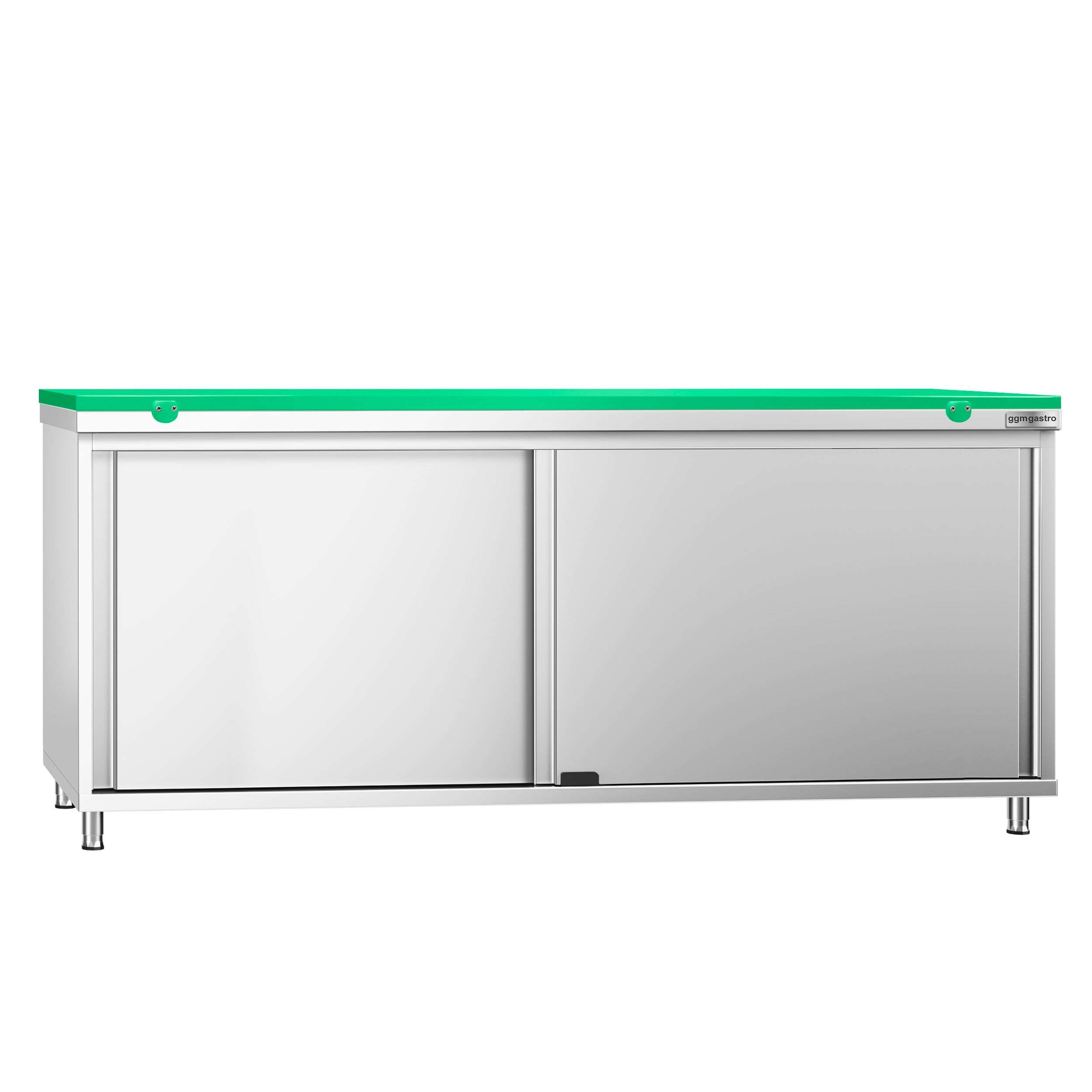 Table armoire en acier inoxydable PREMIUM - 2000x800mm - avec portes coulissantes - pour fruits et légumes - incl. plateau de découpe Vert PEHD (HACCP)