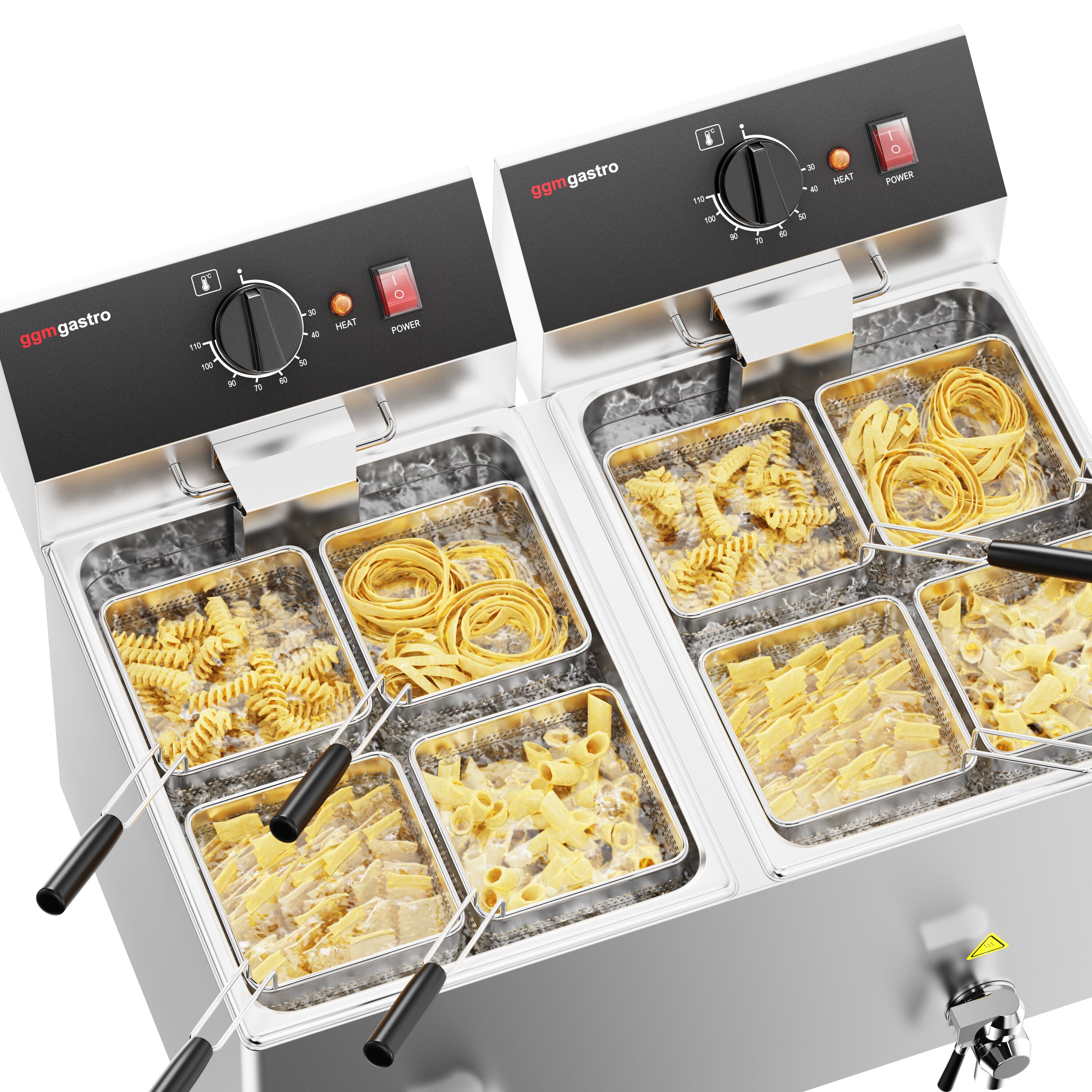 Cuiseur à pâtes électrique – 8 + 8 L – 6,5 kW – avec robinet de vidange – incl. 8 paniers