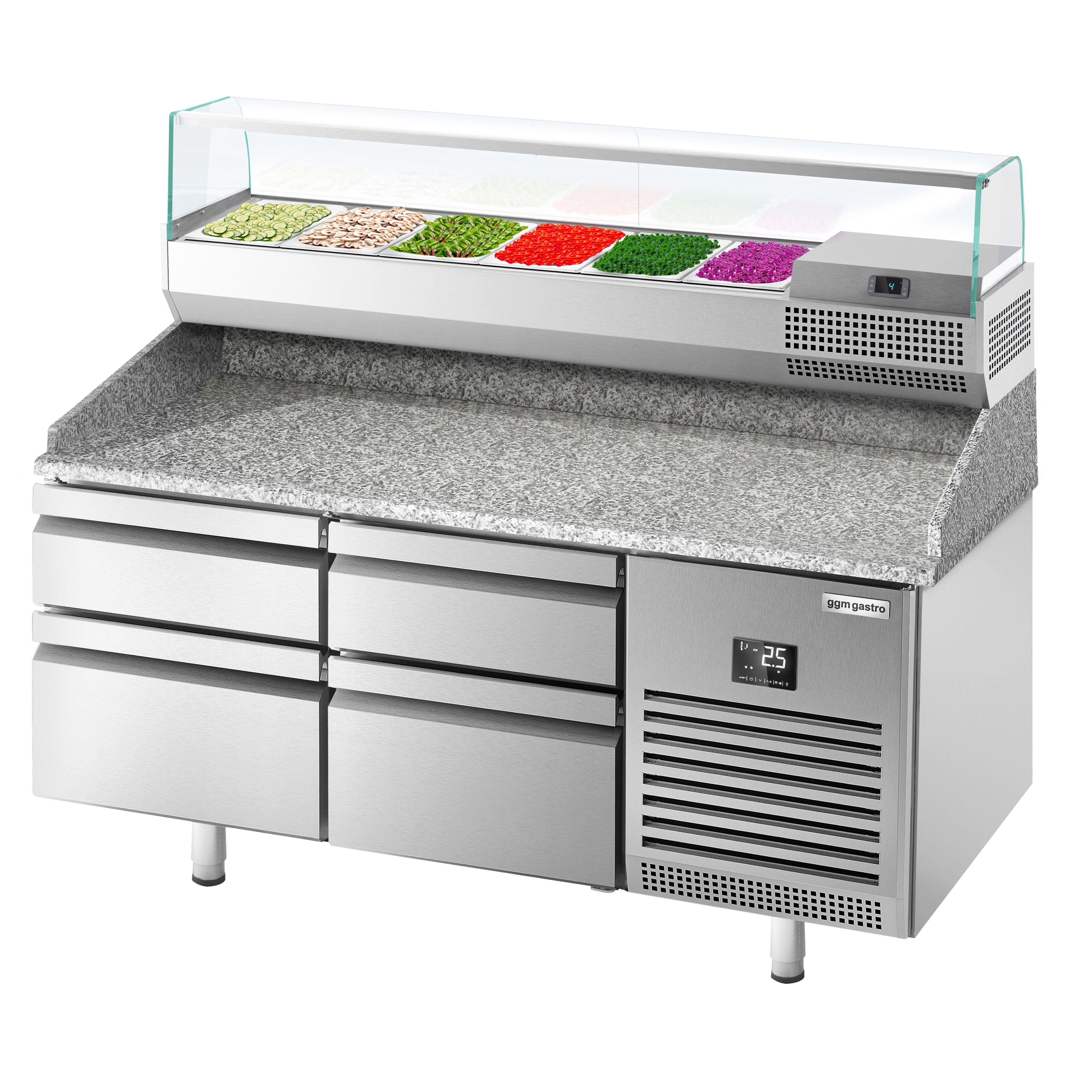Table réfrigérée à pizza Premium PLUS - 1490x700 mm - avec 4 tiroirs - incl. vitrine réfrigérée - 6x GN 1/4