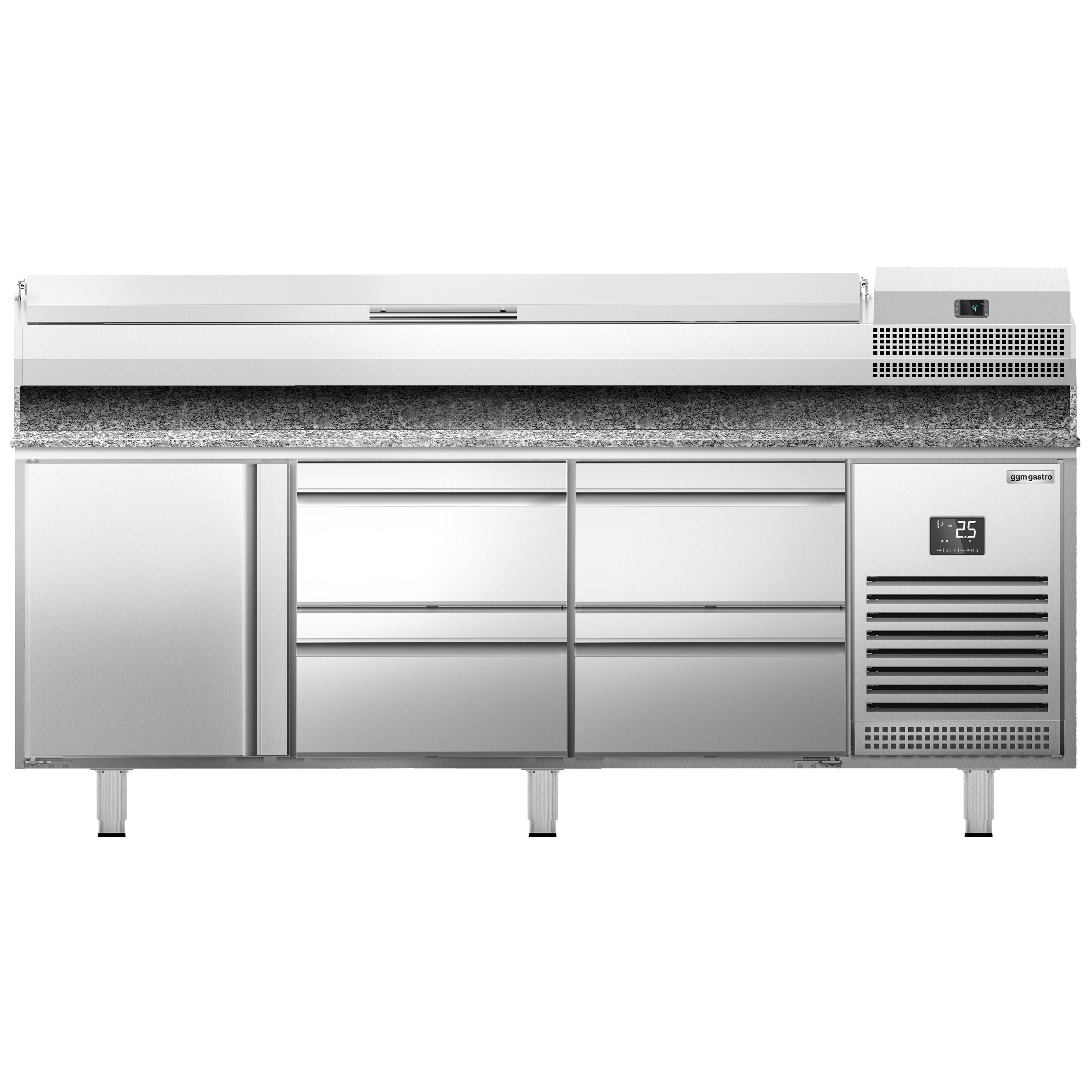 Table réfrigérée à pizza Premium PLUS - 1980x700 mm - avec 1 porte & 4 tiroirs - incl. vitrine réfrigérée - 9x GN 1/4