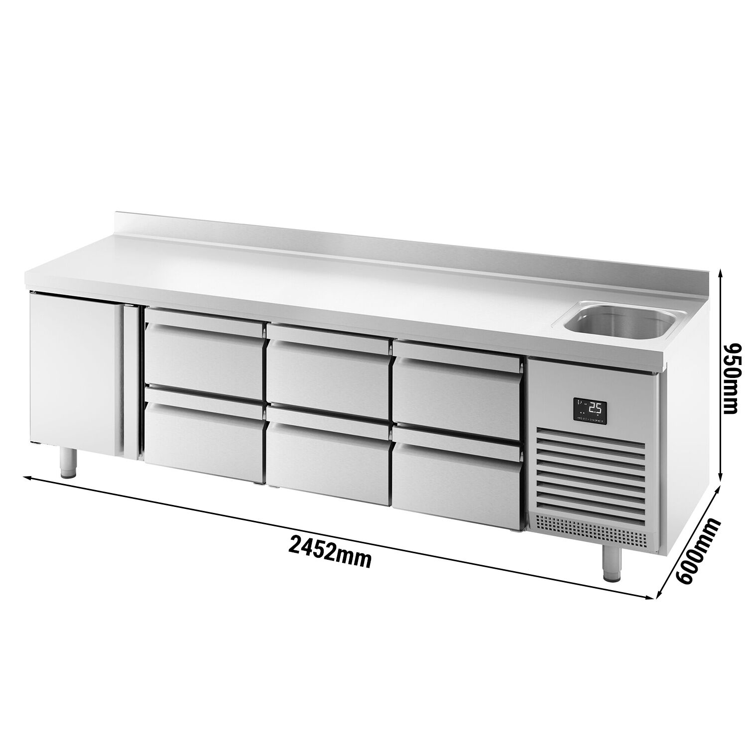 Commercial Counter Fridge PREMIUM PLUS - 2452x600mm - with sink - with 1 door - with 6 drawers (1/2) - with upstand