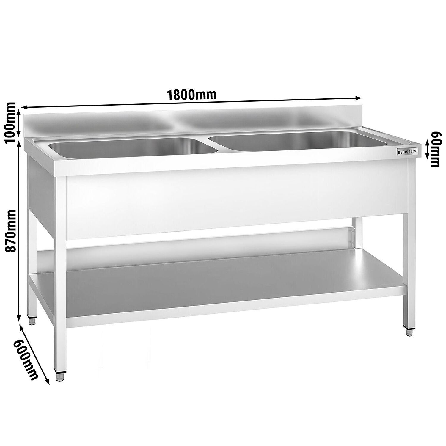 PREMIUM pot washing table – 1800x600mm – with 2 basins
