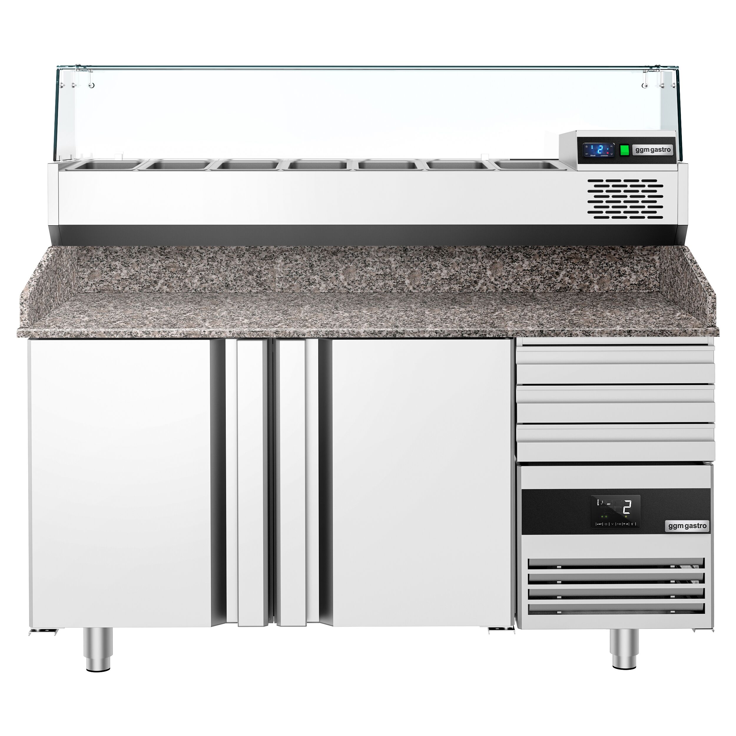 Table réfrigérée à pizza PREMIUM - 1600x800 mm - avec 2 portes & 3 tiroirs - incl. vitrine réfrigérée - 6x GN 1/3
