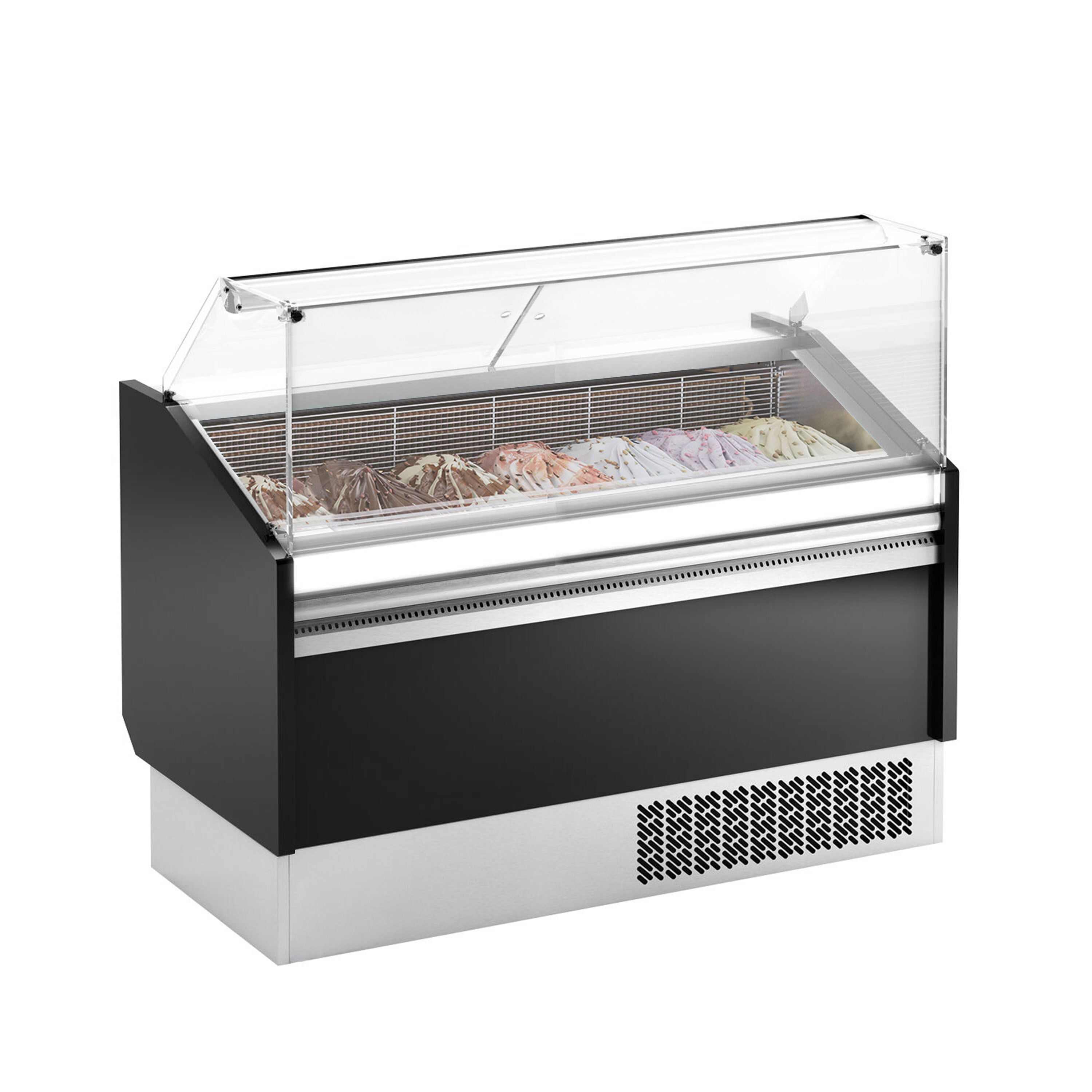 Vitrine à glace LEVI – 1620 mm – refroidissement statique – pour 9+9 bacs à glace de 5 litres – Noir